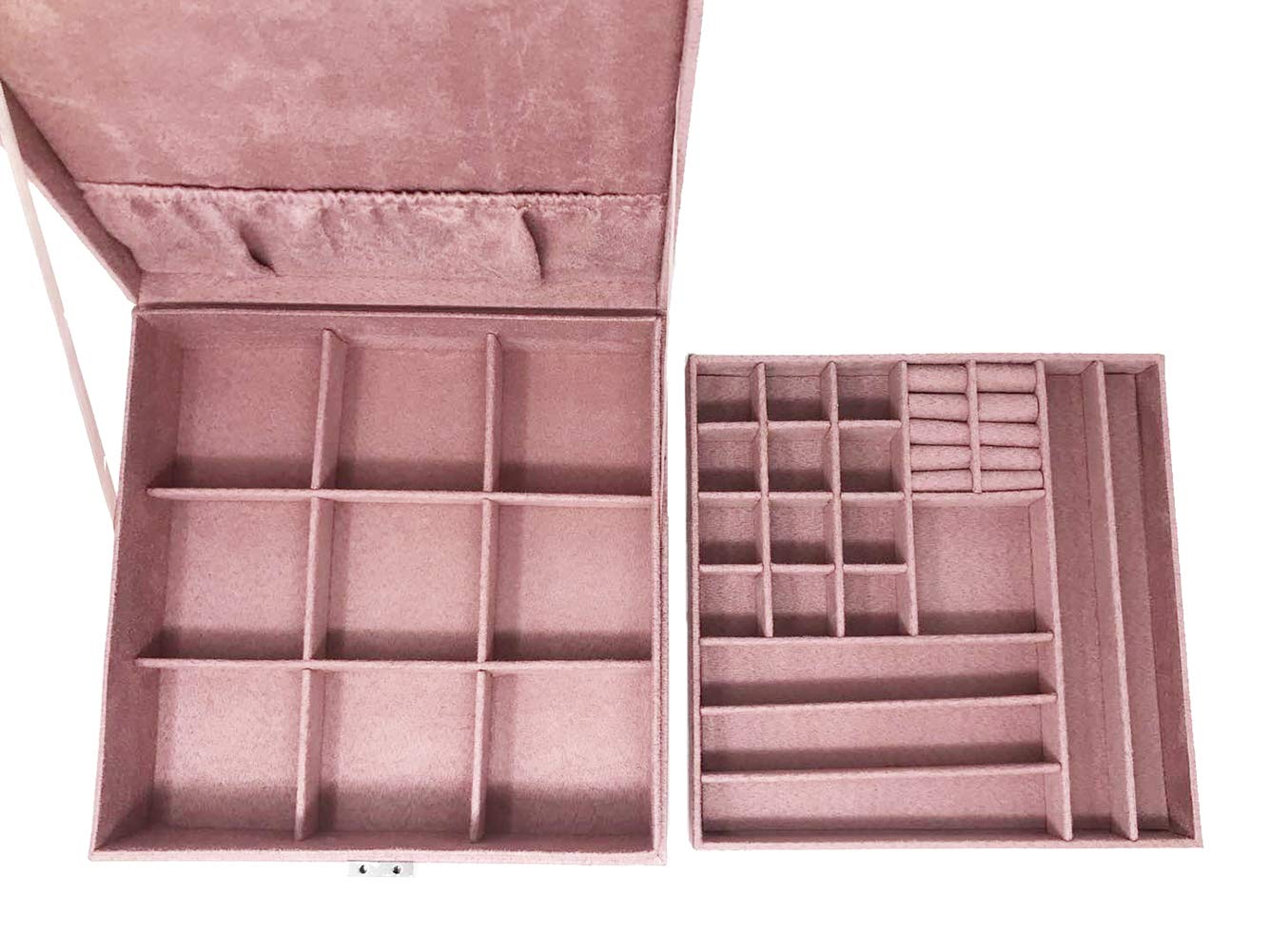 Magik Two-Layer Velvet Jewelry Box Organizer with Lock - Extra Large (10.23''x10.23''x3.15'') Pink - Perfect for Necklace, Ring & Earring Storage | Great for Travel, Gift & Home Decor
