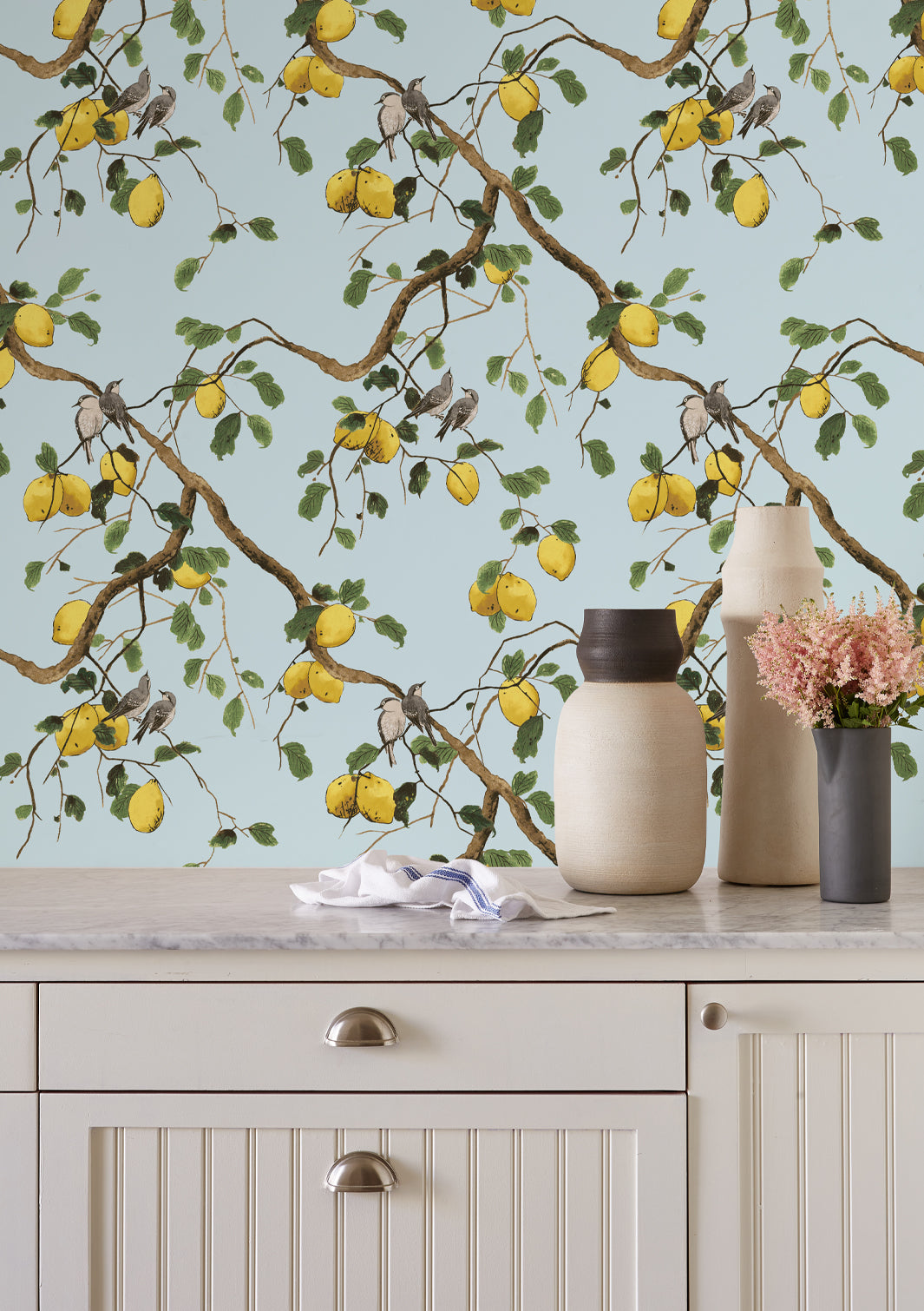 Lemon Birds Wallpaper by Nathan Turner - Light Blue Floral Peel & Stick Wallpaper for Bedroom, Nursery, or Home Office Decor