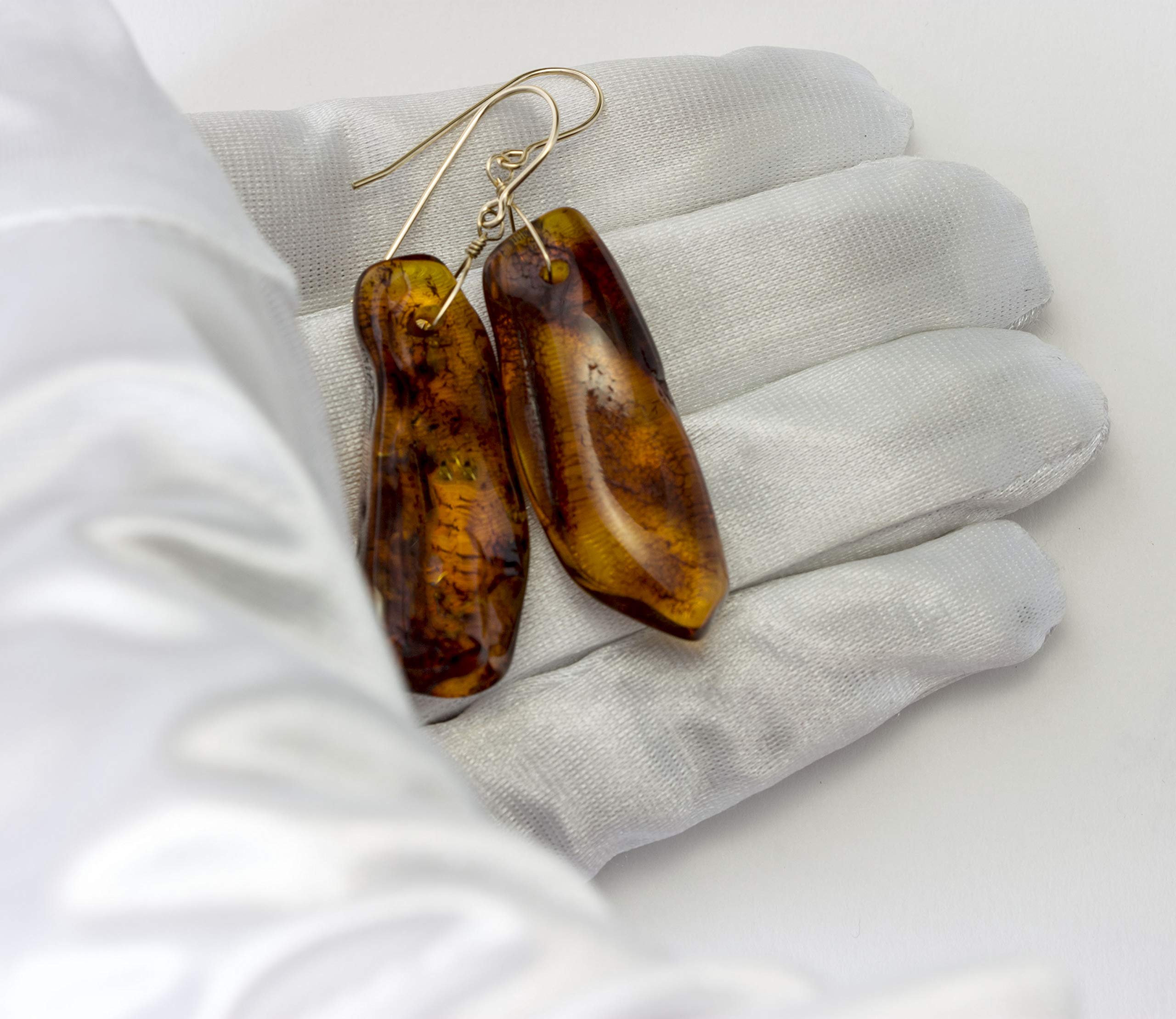 Natural Honey Amber Earrings - Long Oval Drop Dangle Style (2