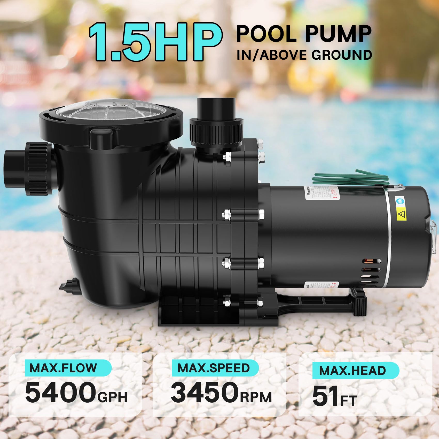 1.5 HP 6600GPH Powerful Self-Priming Pool Pump for Above Ground & Inground Pools (15,000-31,000 Gallons) - Dual Voltage Swimming Pool Pump with Strainer Basket & Drain Plug - Perfect for Backyard, Residential & Commercial Pool Maintenance