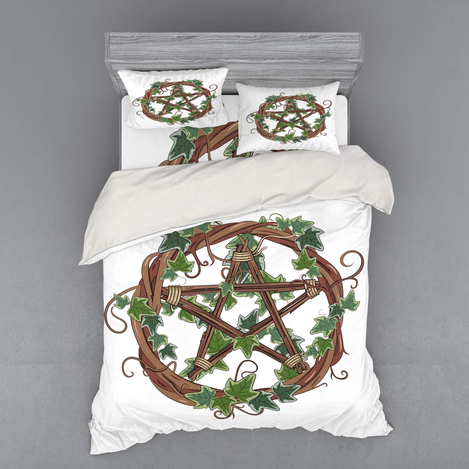 Ambesonne Pentacle Bedding Set - Queen Size 4-Piece Duvet Cover with Shams & Fitted Sheet, Olive Green Jade Green Vine Wreath Design with Ivy and Pentagram - Perfect for Gothic, Wiccan, or Bohemian Bedroom Decor