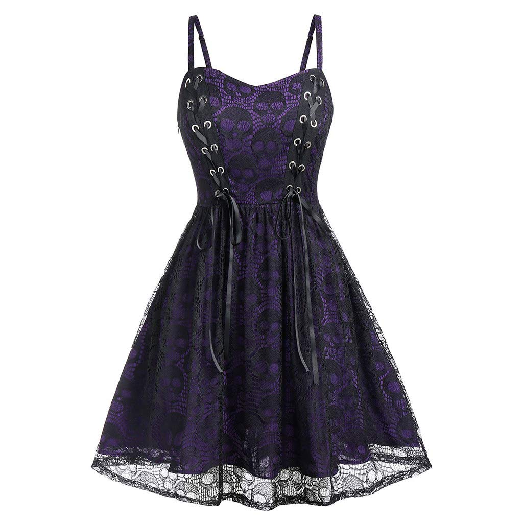 Gothic Steampunk Skeleton Lace Short Dress for Women - Spaghetti Strap Punk Summer Dress | Halloween Costume, Cosplay, Gothic Party Outfit