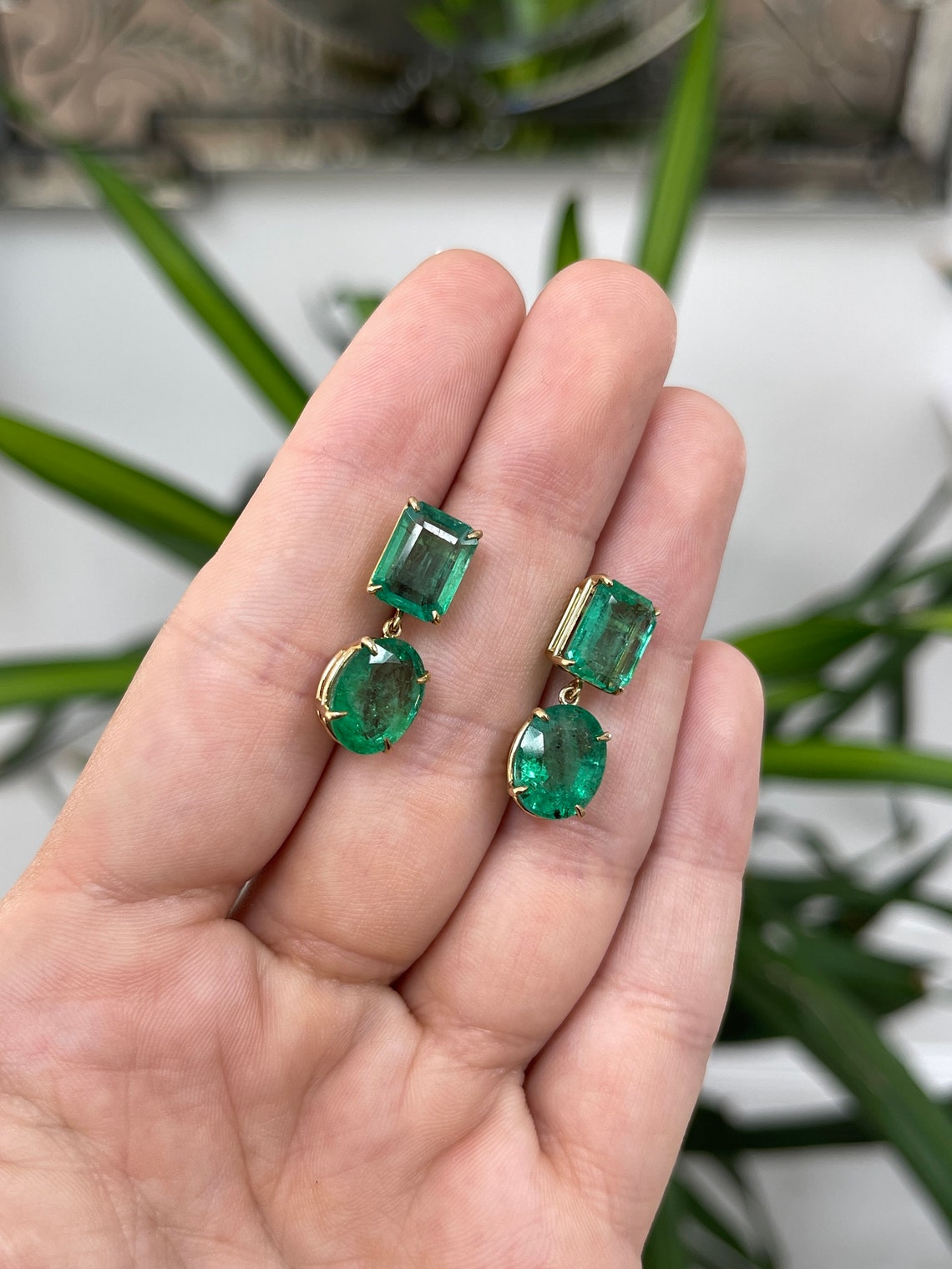 15.82tcw Dark Green Zambian Emerald Cut & Oval Cut Dangle Earrings in 18K Gold - Luxury Statement Jewelry for Weddings, Parties & Special Occasions
