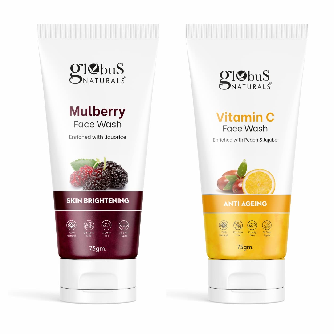 Globus Naturals Vitamin C & Mulberry Face Wash Combo Set of 2 (75g Each) - Brightening, Age Spot Removal, Suitable for All Skin Types | Daily Skincare Routine for Glowing Complexion