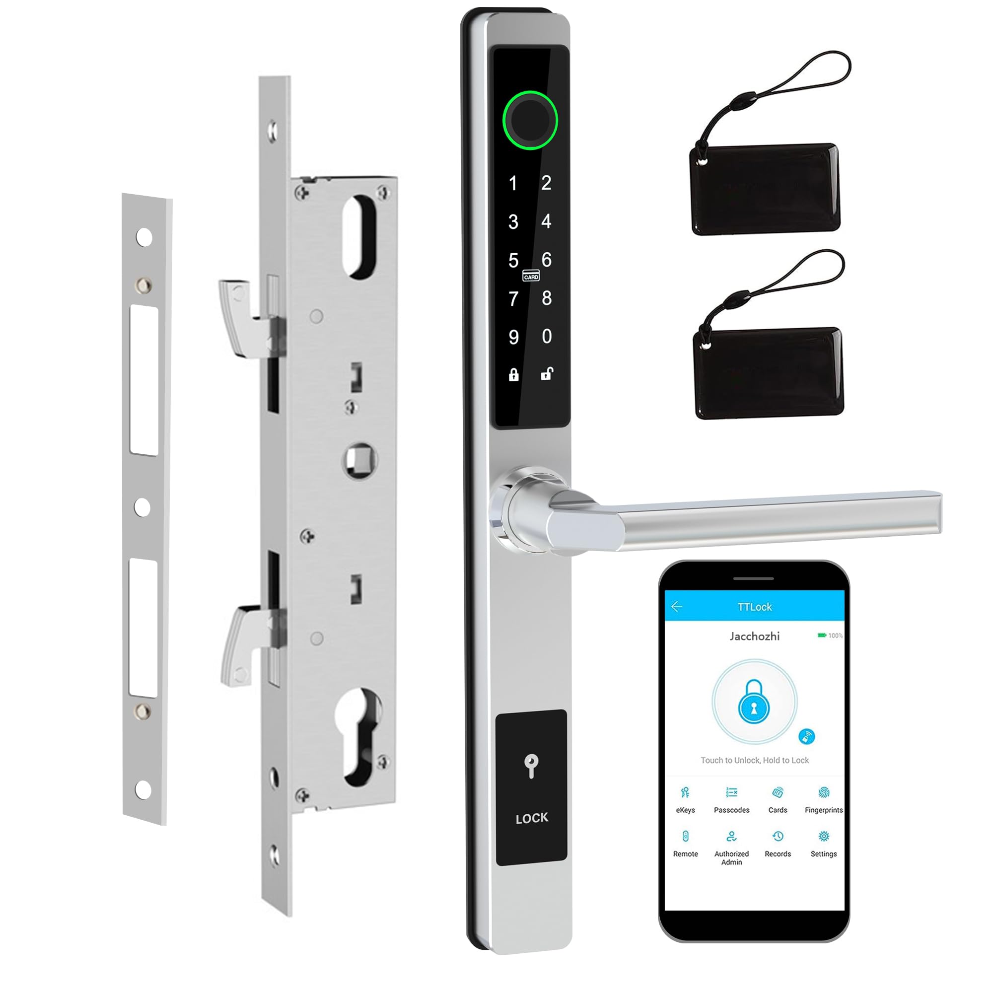 Smart Sliding Glass Door Lock - Waterproof Keyless Entry, WiFi & Bluetooth Enabled, Digital Keypad & Fingerprint Mortise Lock with Handle (Silver-L) - Perfect for Patio, Balcony & Home Security
