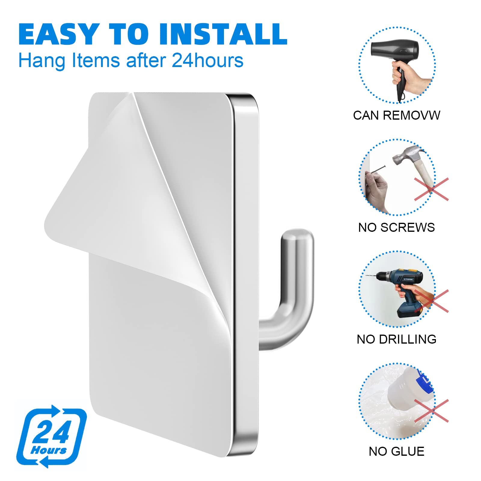 Stainless Steel Adhesive Hooks - 4 Pack Waterproof Wall Hooks for Towels, Hats & Coats - Perfect for Bathroom, Kitchen & Entryway Organization