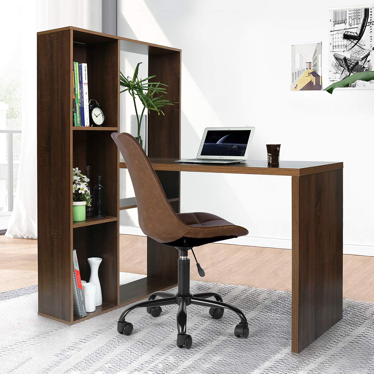 L-Shaped Computer Desk with 6-Tier Storage Shelves - Multifunctional Wooden Writing Table for Home Office, Study & Gaming - Walnut Finish Workspace Solution for Small Spaces & Remote Work