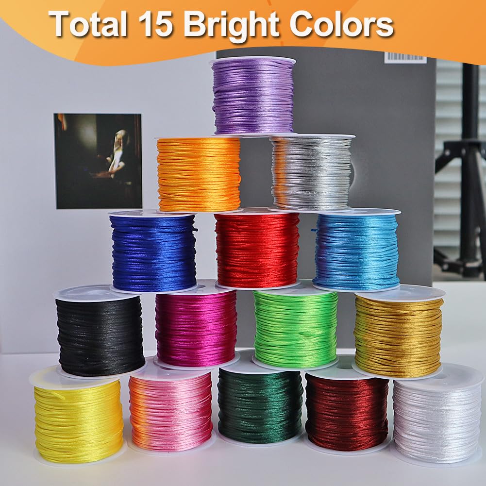 15 Rolls Satin Nylon String for Jewelry Making - Bracelets, Necklaces & Keychains | 1.5mm Rattail Cord for Beading & Macrame Crafts
