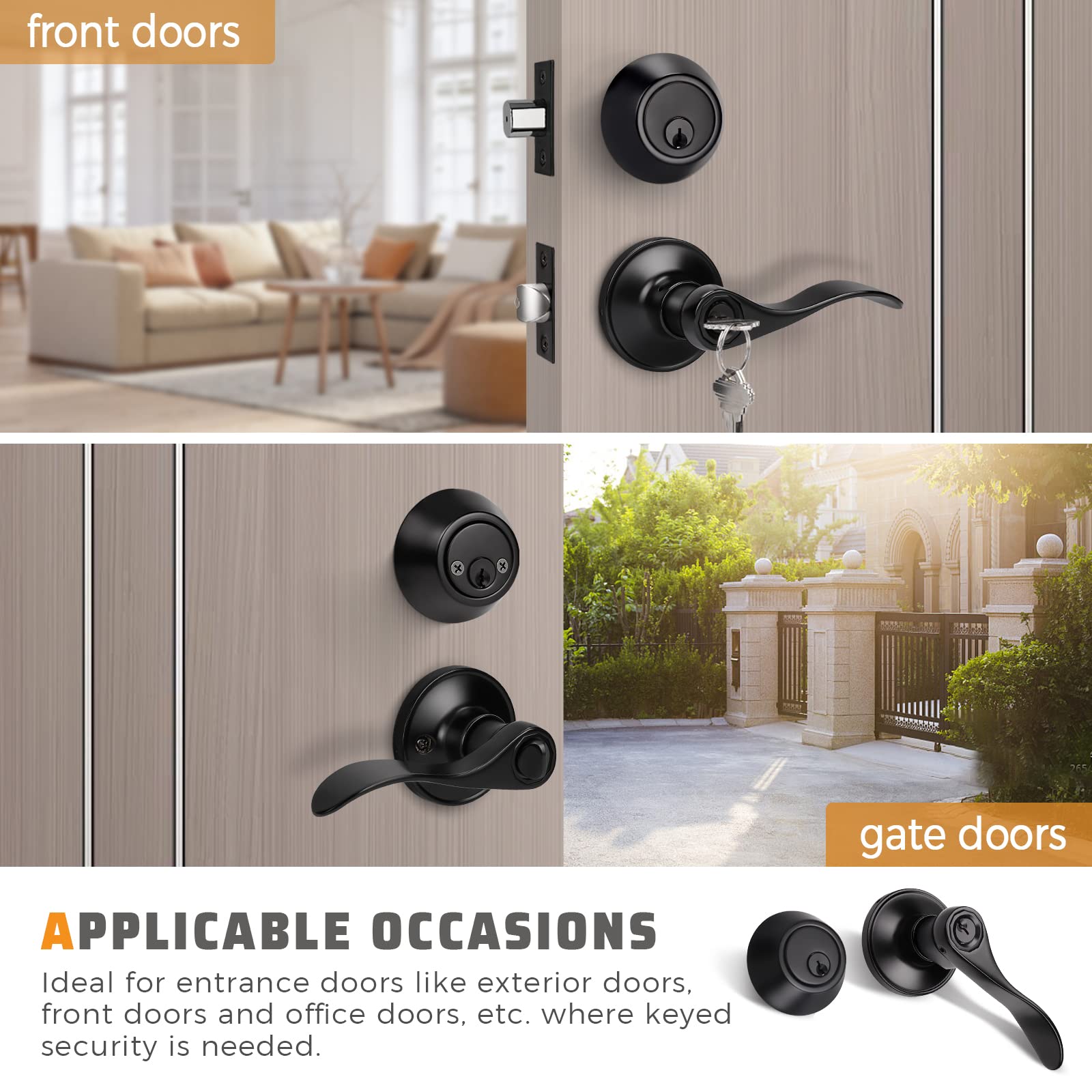 KNOBWELL Matte Black Exterior Door Lever Lock Set with Double Keyed Deadbolt - Keyed Alike Entry Door Handle for Enhanced Home Security - Perfect for Front Doors, Back Doors & Patio Access
