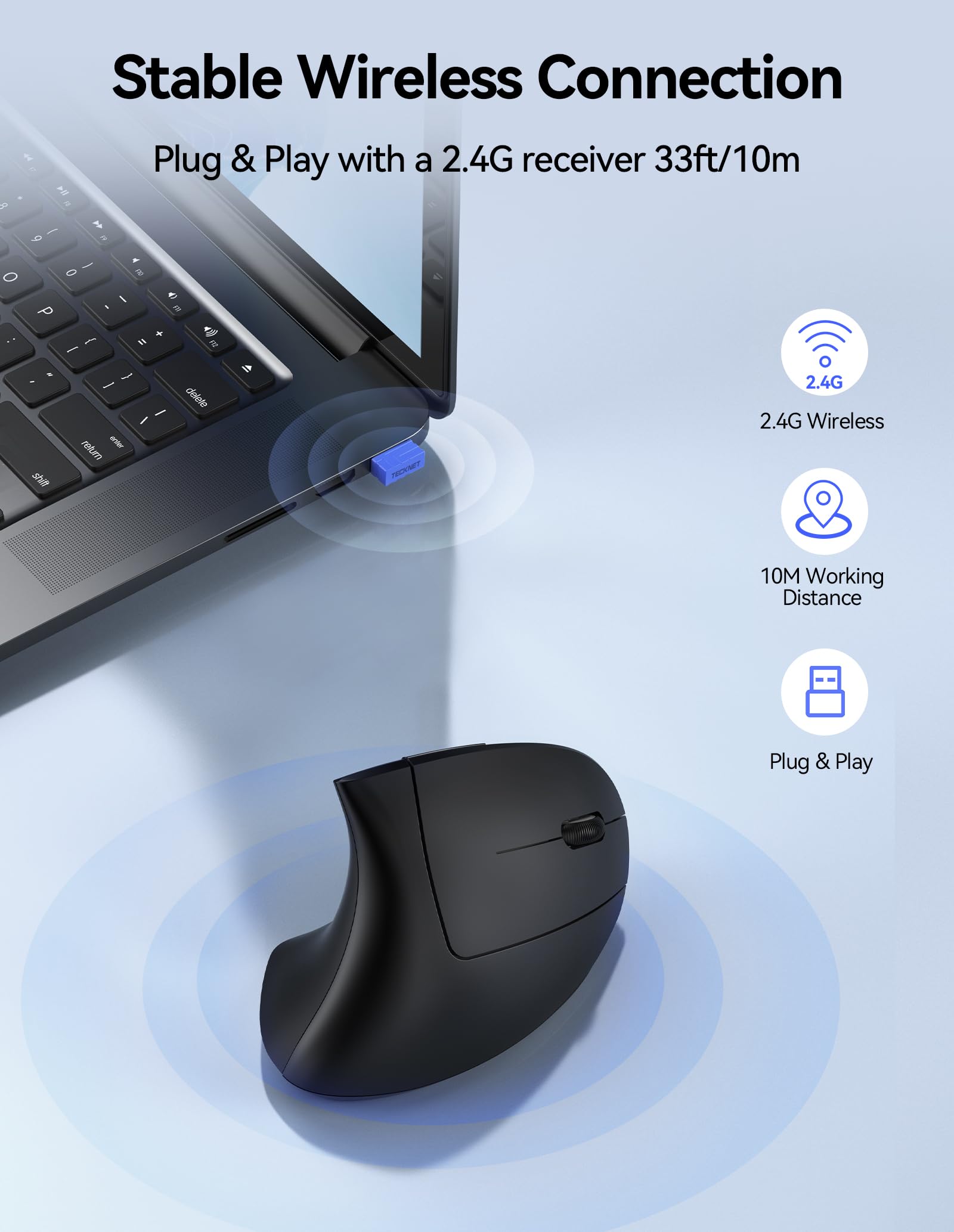 TECKNET Wireless Ergonomic Mouse - Rechargeable Vertical Mouse for Right Hand, Silent Click, 4800 DPI Adjustable, 2.4GHz USB for Laptop, Computer, MacBook & Desktop - Perfect for Office Work, Gaming & Reducing Carpal Tunnel Pain