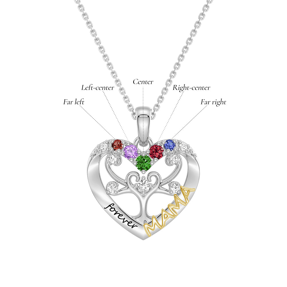 Custom Birthstone Heart Tree Necklace - Personalized Forever MAMA Pendant Jewelry for Women, Mothers, Grandmothers | Gift for Birthday, Mother's Day, Anniversary & Special Occasions