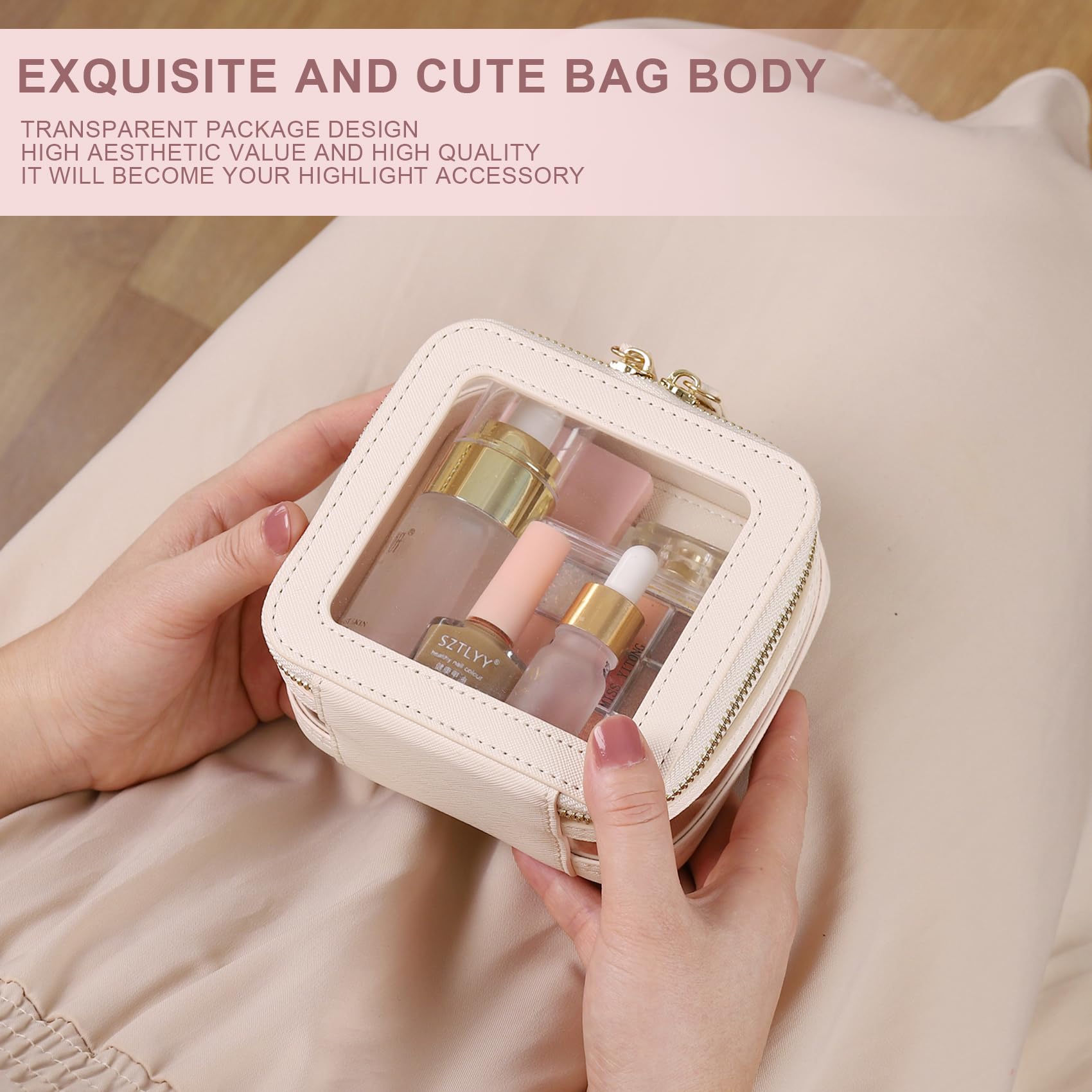 Clear Small Makeup Bag Mini Cosmetic Case & Toiletry Pouch with Zipper - Cute Travel Organizer for Women - Perfect for Cosmetics, Jewelry, and Car Essentials (Beige, MINI-2) - Ideal for Travel, Gym, and Daily Purse Organization