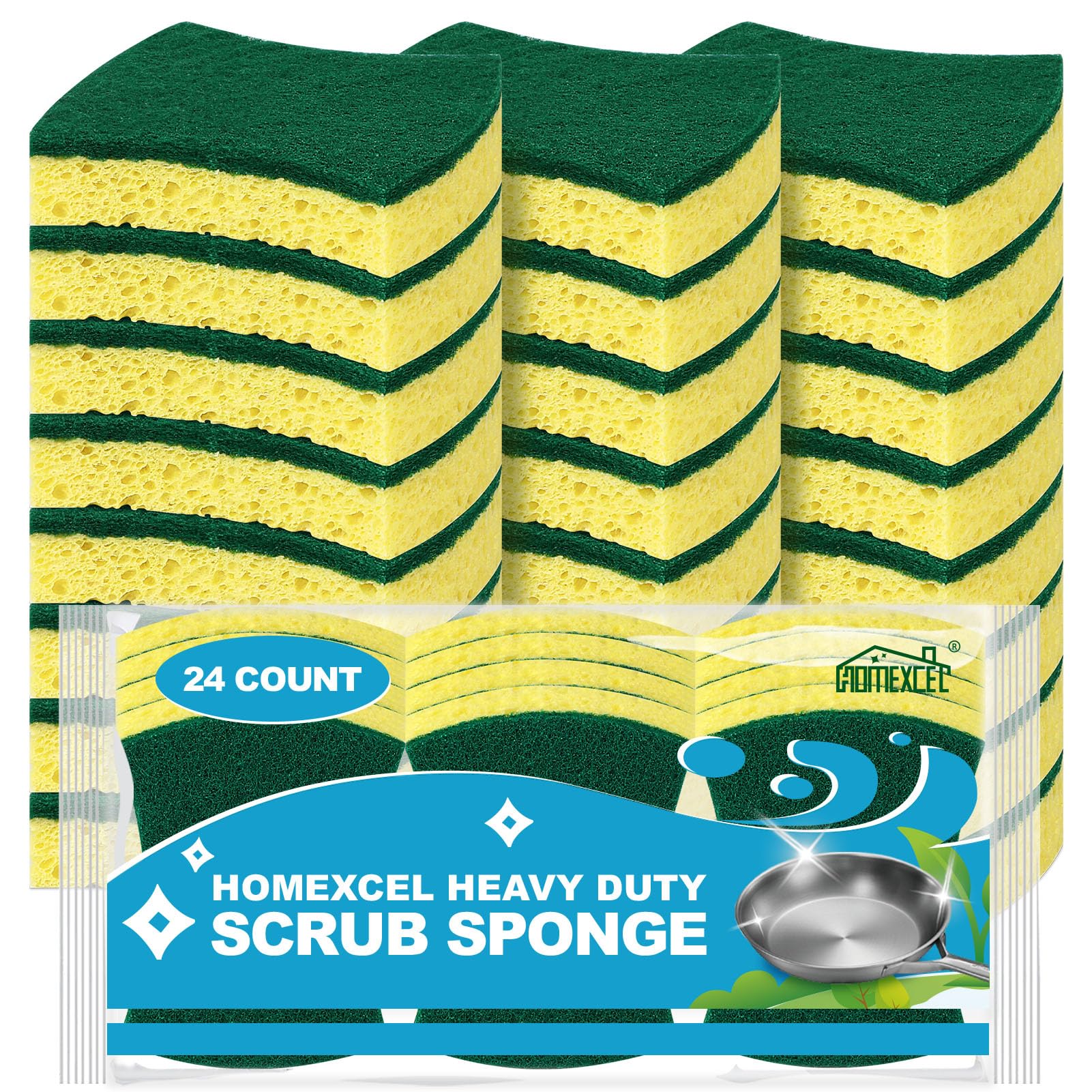 HOMEXCEL Heavy Duty Scrub Sponges 24 Pack - Dual Sided Cellulose Kitchen Sponges for Washing Dishes, Pots & Pans - Effective Cleaning Sponges for Kitchen, Sink & Countertop - Dish Sponges for Daily Cleaning & Tough Stains