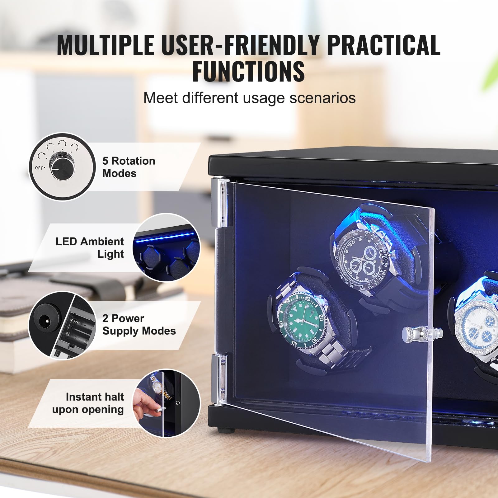 VEVOR 4 Watch Winder Box - Silent Japanese Motor, LED Light, Adjustable Rotation Speed & Direction for Automatic Watches | Perfect for Rolex, Omega, Breitling Storage & Display | Luxury Watch Care Solution for Home & Office