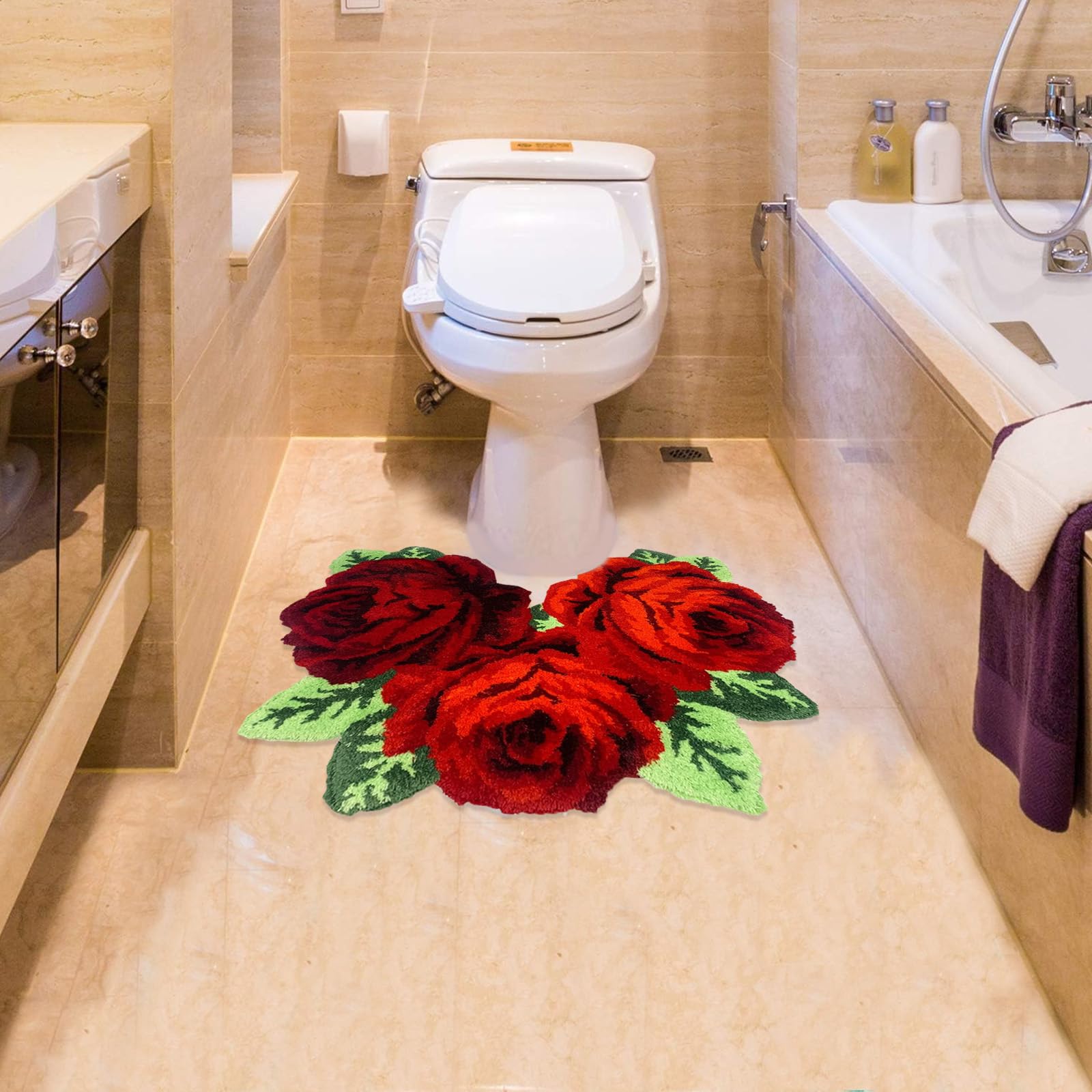 USTIDE Shaggy Bathroom Rug - Ultra Soft Plush U-Shaped Toilet Rug, Red Rose Water Absorbent Non-Slip Bath Mat for Vanity & Shower - Machine Washable 31x24 Inches - Perfect for Christmas Decor & Cozy Bathroom Accent
