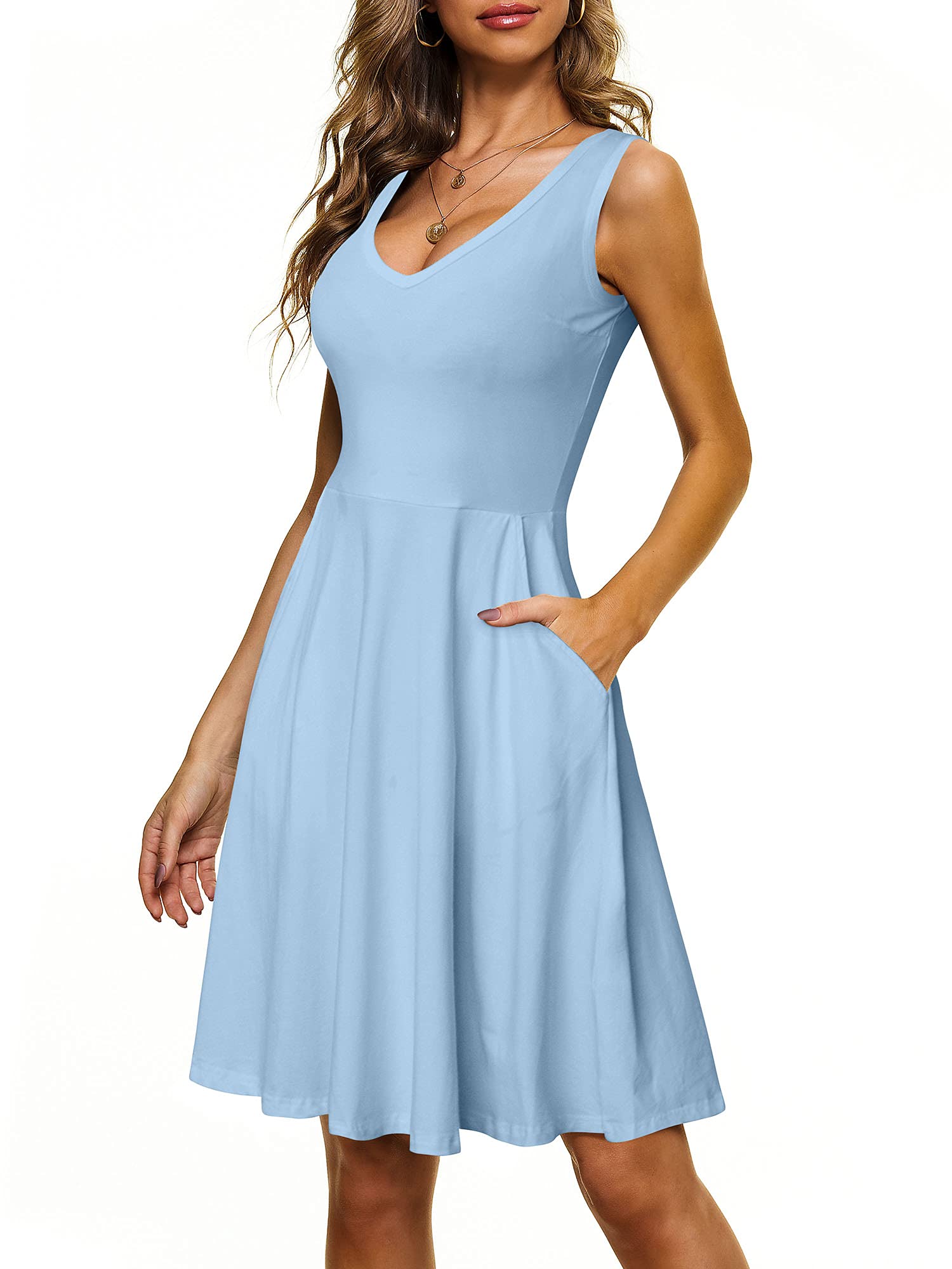 HUHOT Women's Sleeveless V-Neck Midi Dress with Pockets - Flared Beach Tank Dress for Summer Vacation, Pool Party & Casual Outings