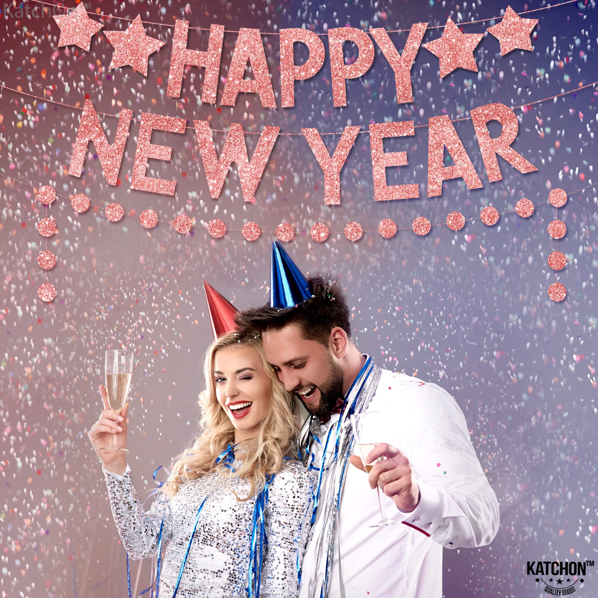 KatchOn 10ft Rose Gold Glitter New Year's Banner 2025 - Pre-Strung Happy New Year Decor with Garland | 2025 New Year's Eve Party Supplies for Wall Decor, Countdown Events & Festive Celebrations