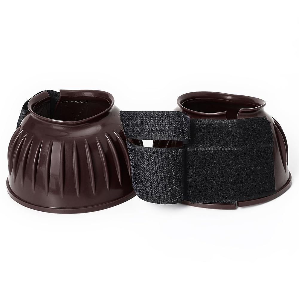 HILASON PVC Ribbed Double Hook and Loop Bell Boots for Horses - Durable Brown Hoof Protection for Riding, Training, and Stable Use