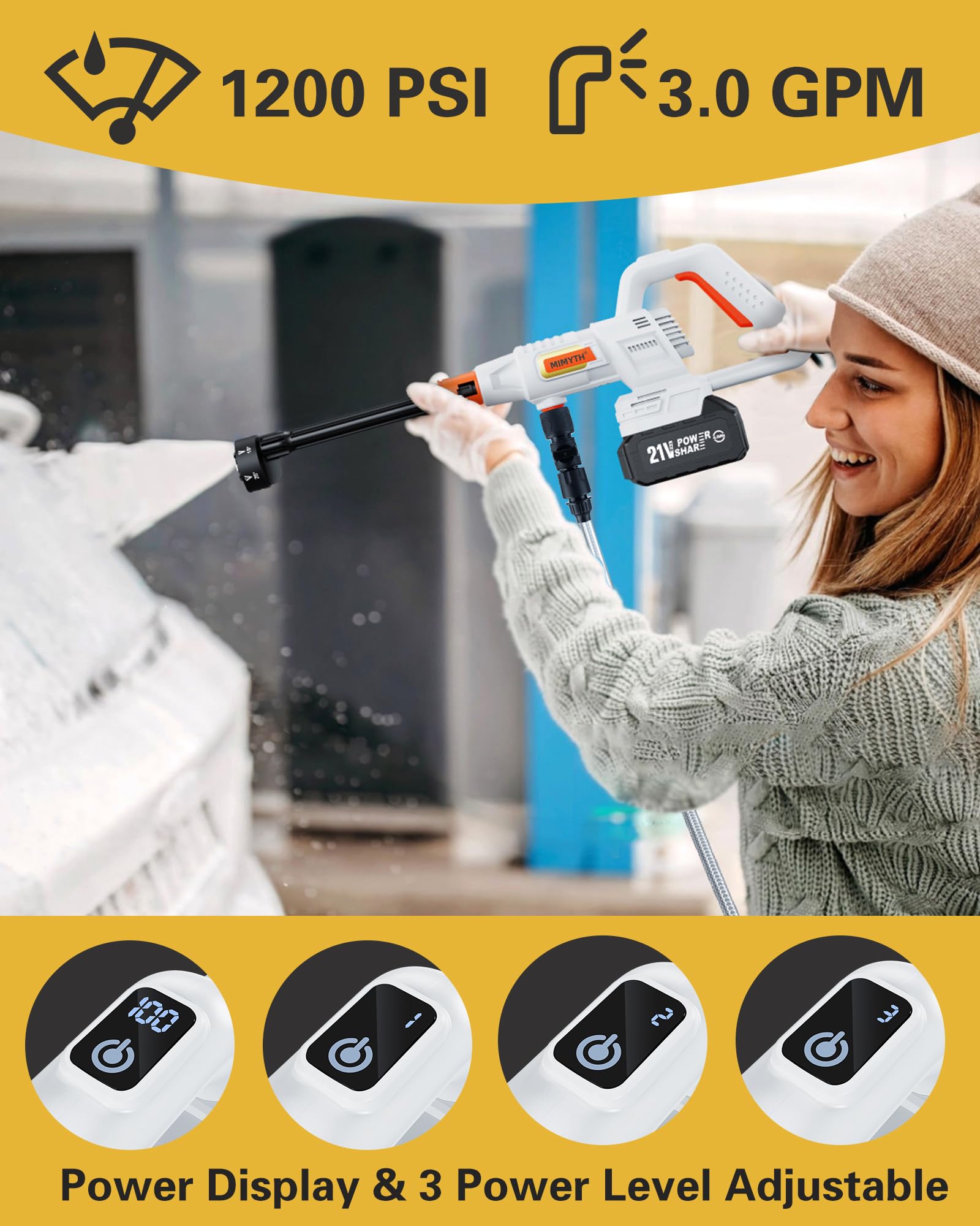 1200PSI Cordless Pressure Washer with Brushless Motor - 4.0Ah Battery & Charger Included - 6-in-1 Nozzle & 3 Power Level Touch Screen - Ideal for Car Washing, Patio Cleaning, and Yard Maintenance