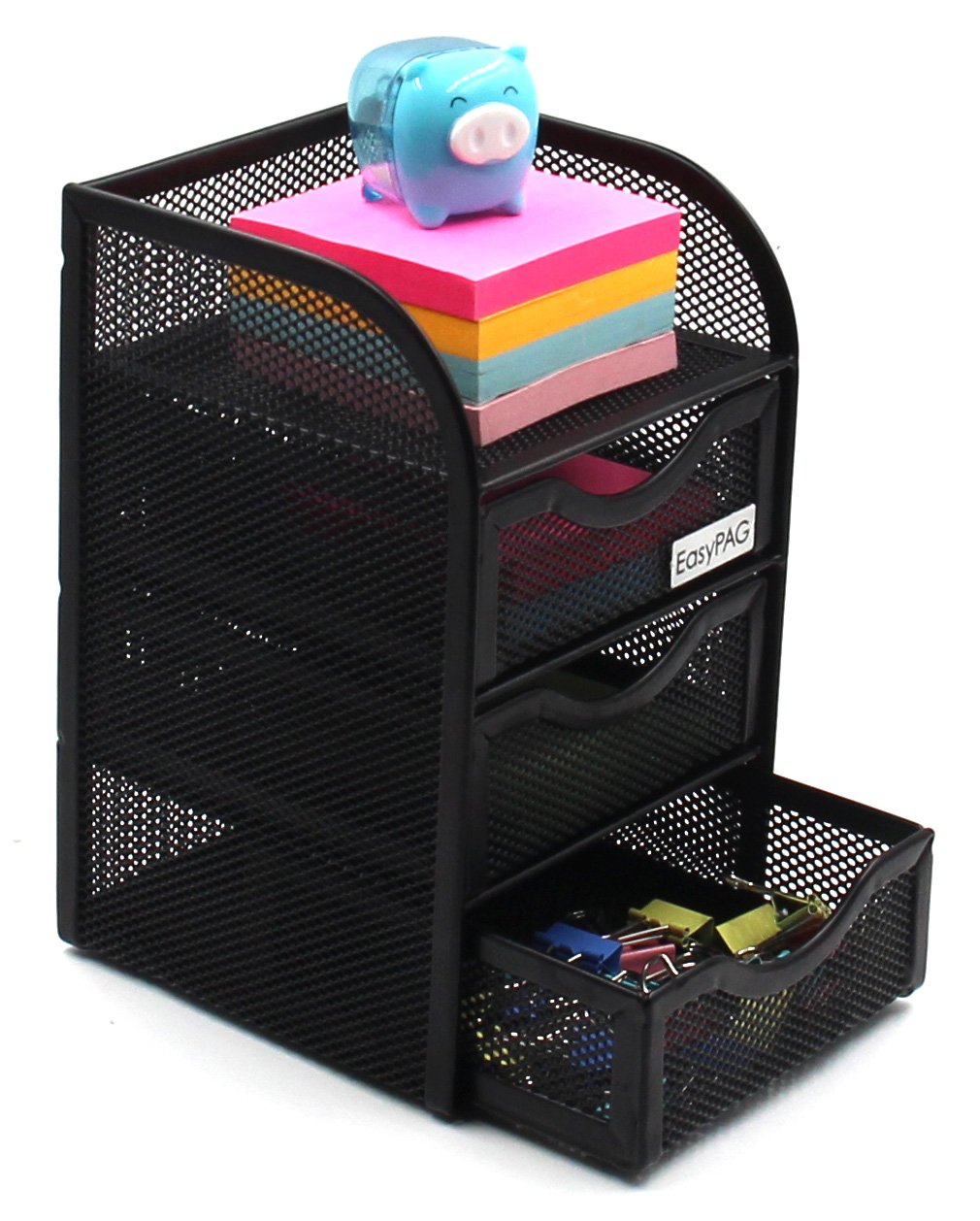 EasyPAG Mesh Desk Organizer with 3 Drawers - Office Desktop Organizer & Stationery Caddy for Home, School, Work - Perfect for Organizing Pens, Papers, and Office Supplies (Black)