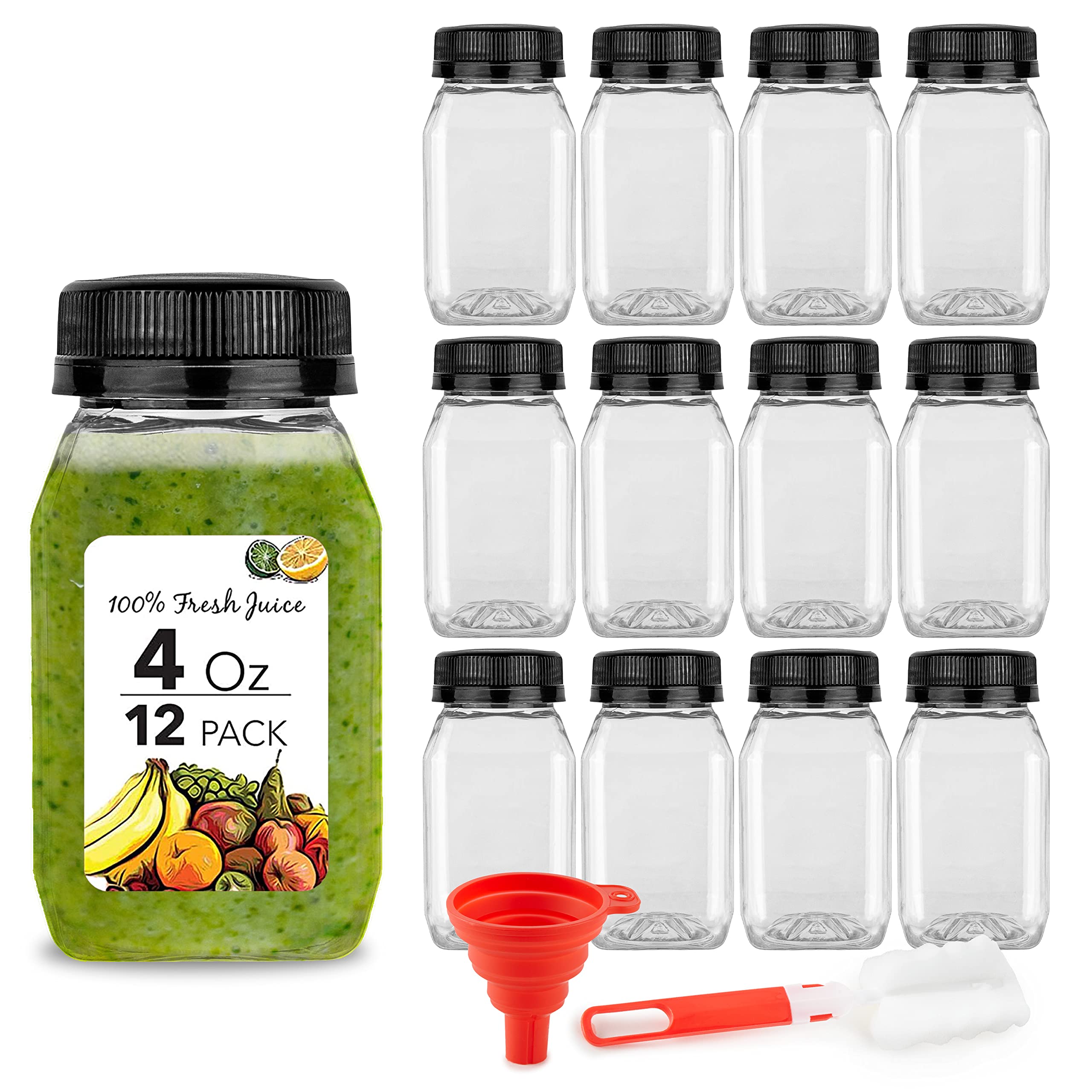 Stock Your Home 4oz Mini Bottles for Mini Fridge - Reusable Juice Containers with Black Caps - Small Plastic Bottles for Liquids, Lunch Box & Juicing - Clear Empty Containers with Lids (12 Pack) - Perfect for Meal Prep, Office Snacks & Travel Essentials