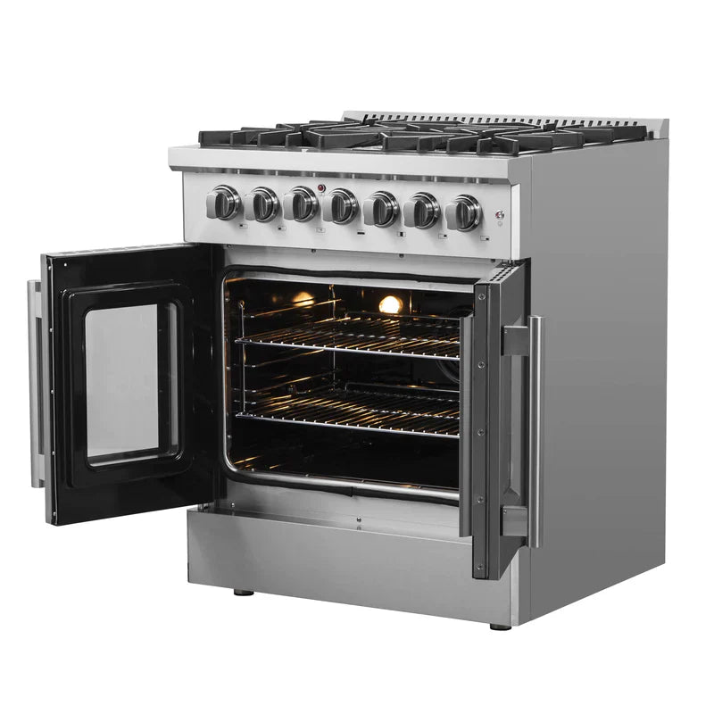 FORNO 30 Inch Freestanding Dual Fuel Range - Stainless Steel French Door Oven with 5 Burners & 68,000 BTU - Model FFSGS6356 - Perfect for Modern Kitchens & Professional Cooking