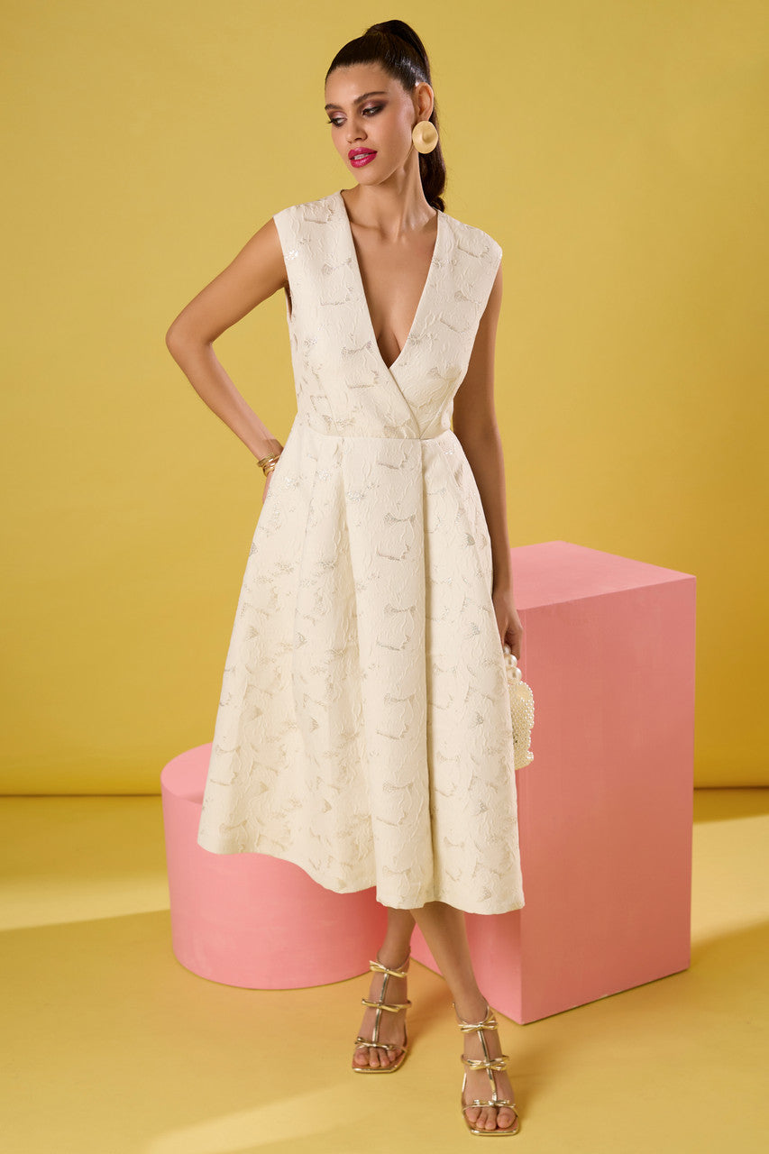 Karen Cream A-Line Jacquard Dress for Women | Elegant Floral Print Party & Wedding Guest Dress | Perfect for Cocktail, Formal Events & Special Occasions