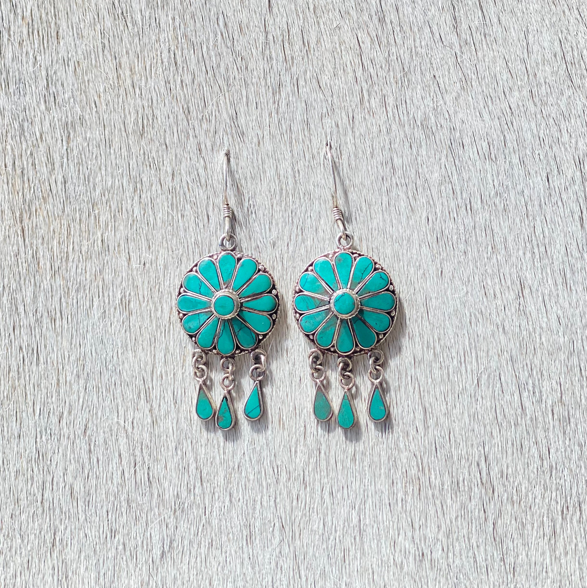 Turquoise Flower Drop Earrings for Women - Handmade Bohemian Dangle Earrings - Perfect for Parties, Weddings & Everyday Wear