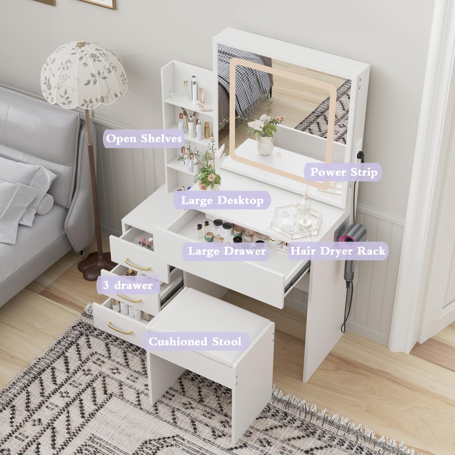 White Vanity Desk with Mirror and Lights - Makeup Dressing Table Set with 4 Large Drawers, Adjustable 3-Color LED Lighting, Bedroom Vanity Set for Women - Perfect for Makeup, Skincare & Dressing Room Organization