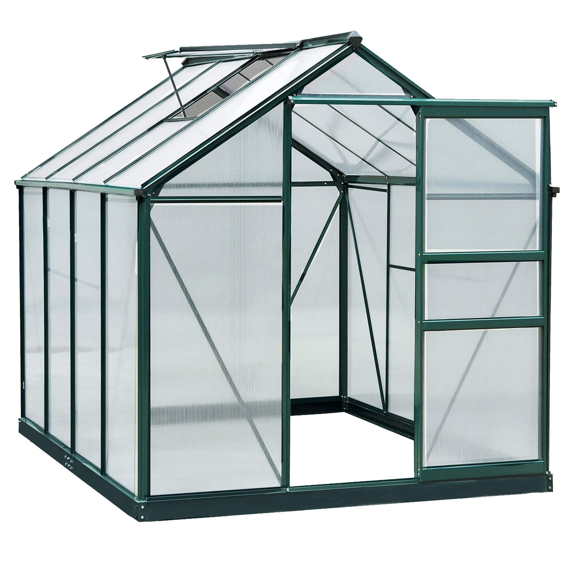 Outsunny 6' x 8' Polycarbonate Greenhouse with Rain Gutter & Roof Vent - Durable Aluminum Walk-in Outdoor Greenhouse for Backyard, Patio & Garden (Dark Green) - Perfect for Growing Vegetables, Herbs & Flowers Year-Round