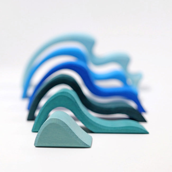 Grimm's Water Waves Medium Blue 6pc Wooden Stacking Toy for Kids - Montessori Sensory Play, Early Learning, and Creative Building Blocks for Toddlers & Preschoolers