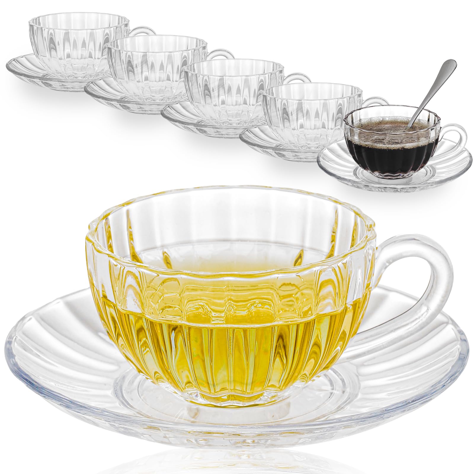 Premium 6-Piece Glass Tea Cup and Saucer Set with Stainless Steel Spoon - 6oz/180ml Clear Coffee Mugs for Espresso, Cappuccino, Latte, Tea & Juice - Dishwasher & Microwave Safe - Perfect for Home, Office, Cafe or Gift Giving