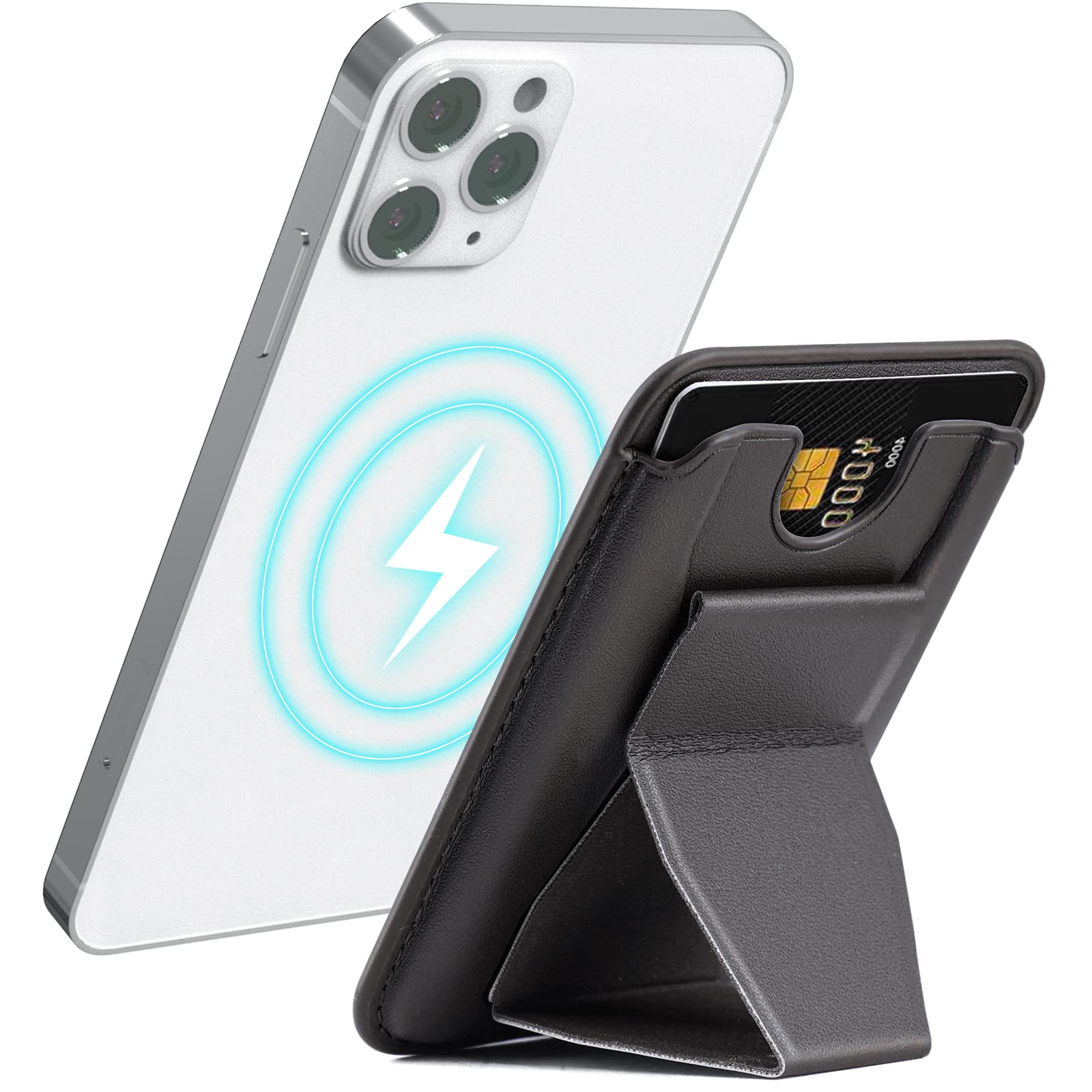 Tomorotec Magnetic Wallet Phone Case Holder for iPhone 12/13/14 Series - Slim Leather Card Holder with MagSafe Compatibility (3 Card Capacity), Multi-Angle Stand Function - Perfect for Daily Commute, Travel & Hands-Free Viewing (Black)