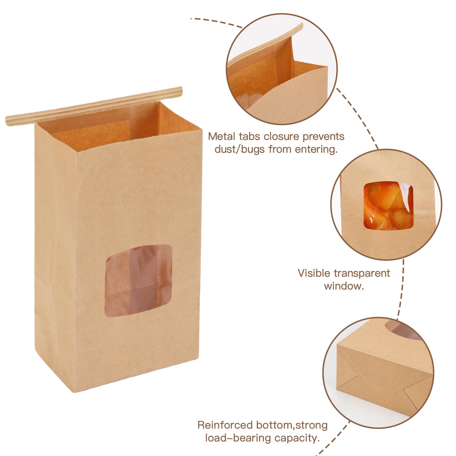 Moretoes 100pcs Small Bakery Bags with Window - 3.54x2.36x6.7in Kraft Paper Cookie Bags with Tin Tie Closure | Perfect for Cookies, Pastries, Cupcakes & Party Favors | Eco-Friendly Brown Pastry Bags for Bakeries & Home Baking