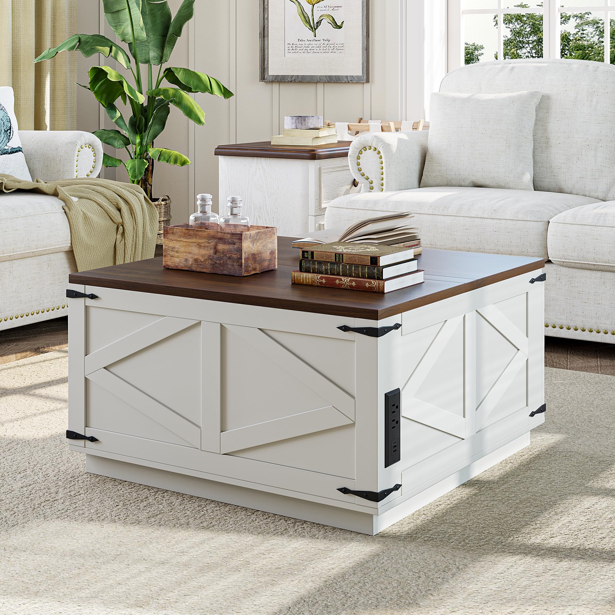 Rustic Lift Top Coffee Table with Storage & LED Light - Farmhouse Square Wood Center Table with Charging Station & Hidden Compartment - Perfect for Living Room, Family Gatherings & Home Decor (White)