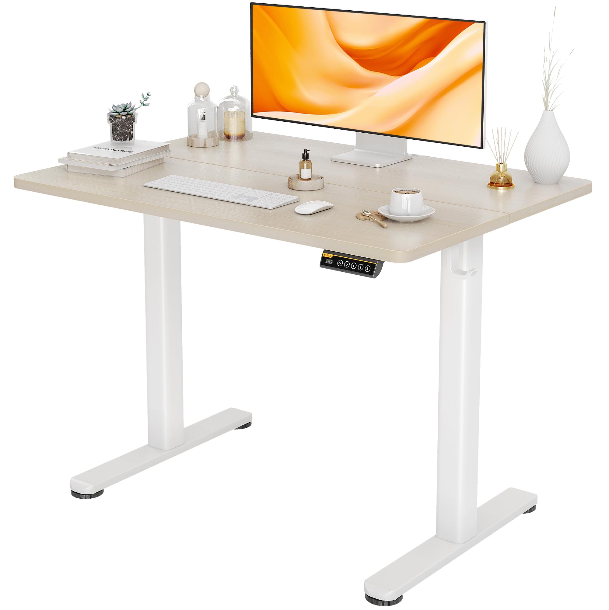 Claiks Electric Standing Desk - Adjustable Height Sit Stand Desk 40x24 Inches, White Frame with Natural Wood Top for Home Office | Ergonomic Workstation for Remote Work & Study