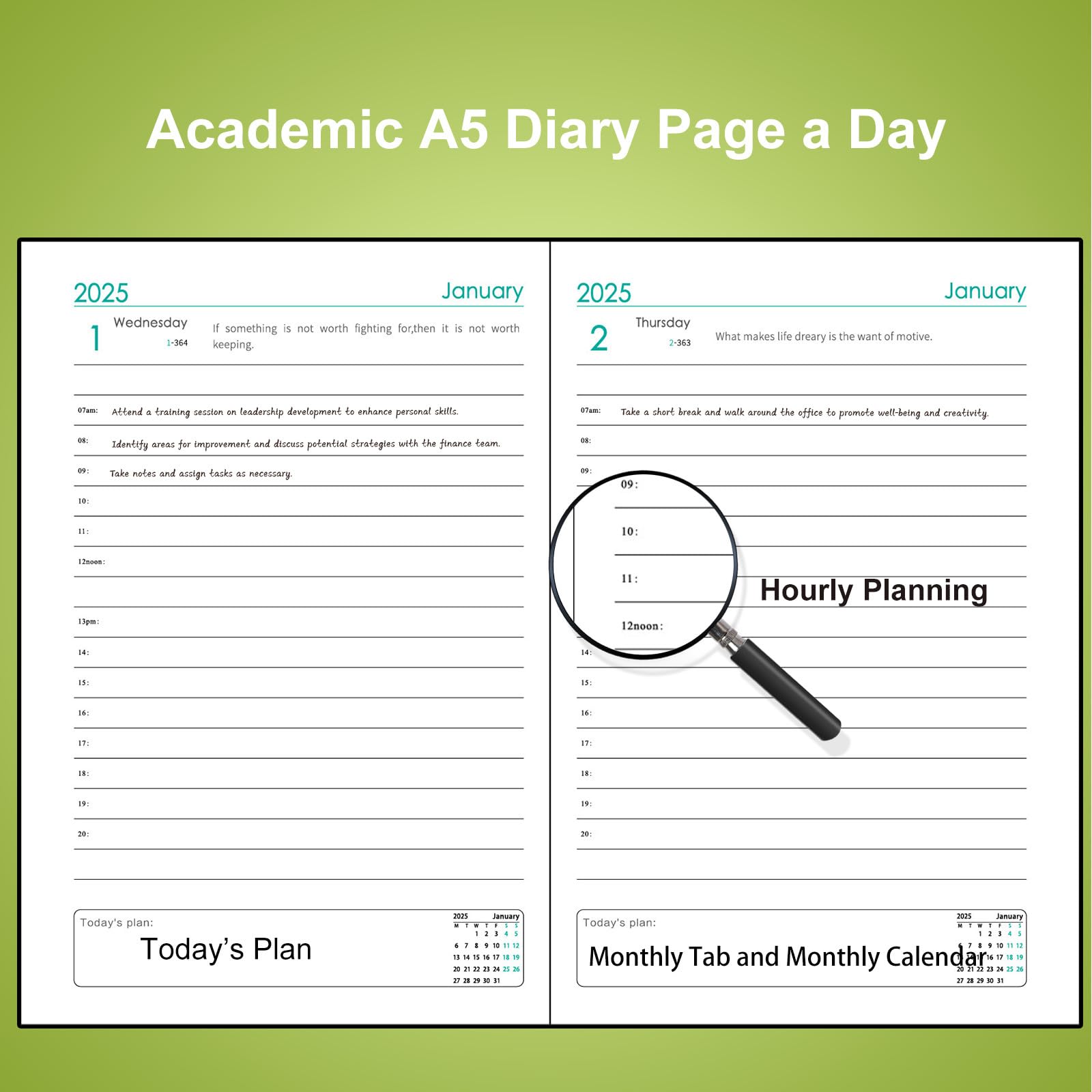 2025 Academic Planner & Daily Diary - January to December A5 Page-a-Day Organizer with Colorful Monthly Tabs, Inner Pocket & Elastic Closure (Green) - Perfect for Students, Teachers & Office Professionals