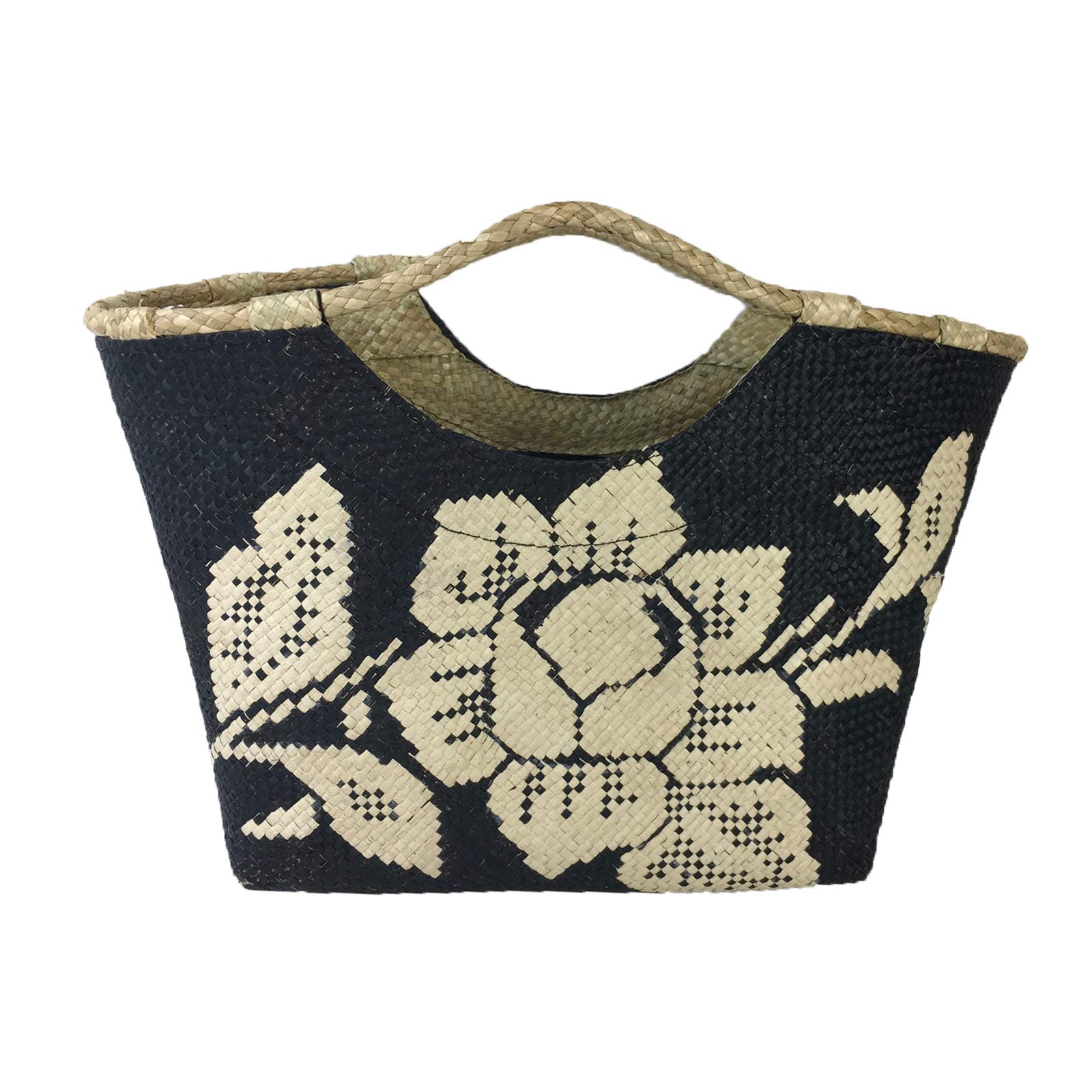Banago Liliana White Rose Straw Mini Tote Bag - Black Handbag for Women, Perfect for Beach, Picnic, Shopping and Summer Outfits