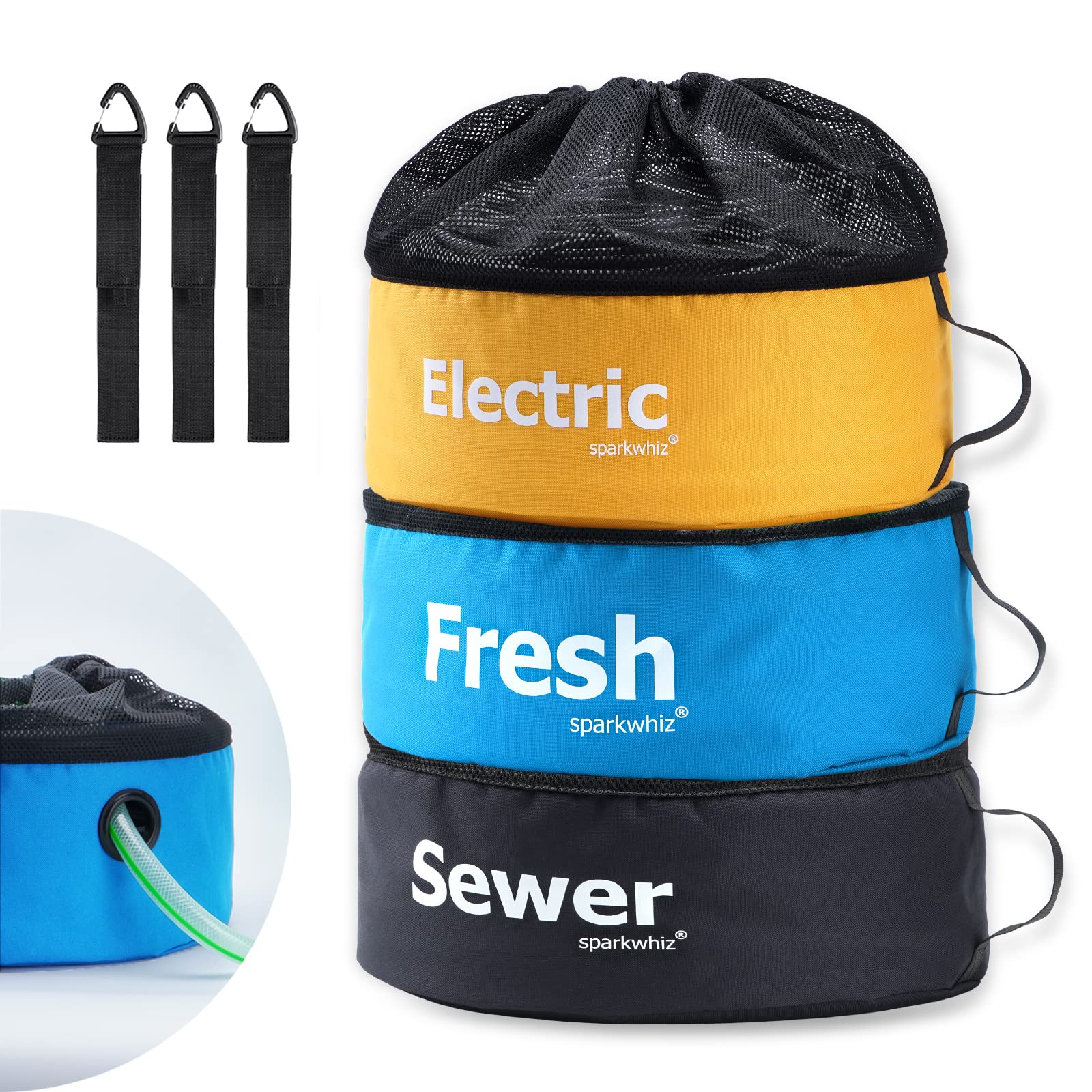 SPARKWHIZ RV Hose Storage Bag 3-Pack - Waterproof Sewer Hose Holder, Camper Water Hose & Cord Organizer with 3 Straps - Perfect for RV Camping, Travel & Outdoor Storage