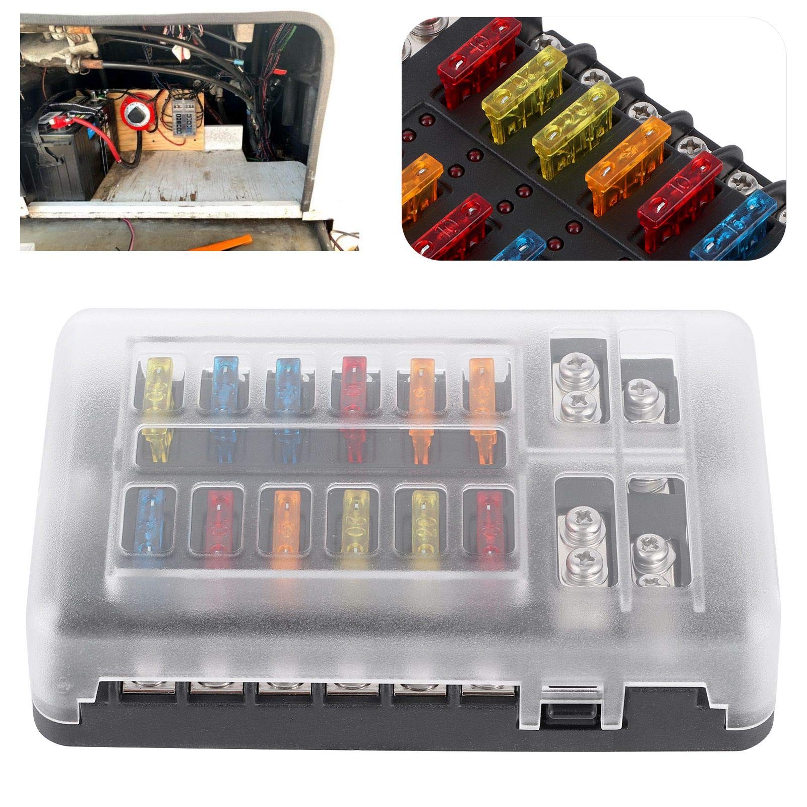 12 Circuit Fuse Block Holder with LED Indicator - Waterproof Blade Fuse Box for Cars, Yachts, Marine Boats & RVs - Perfect for Automotive Electrical Systems and Marine Applications