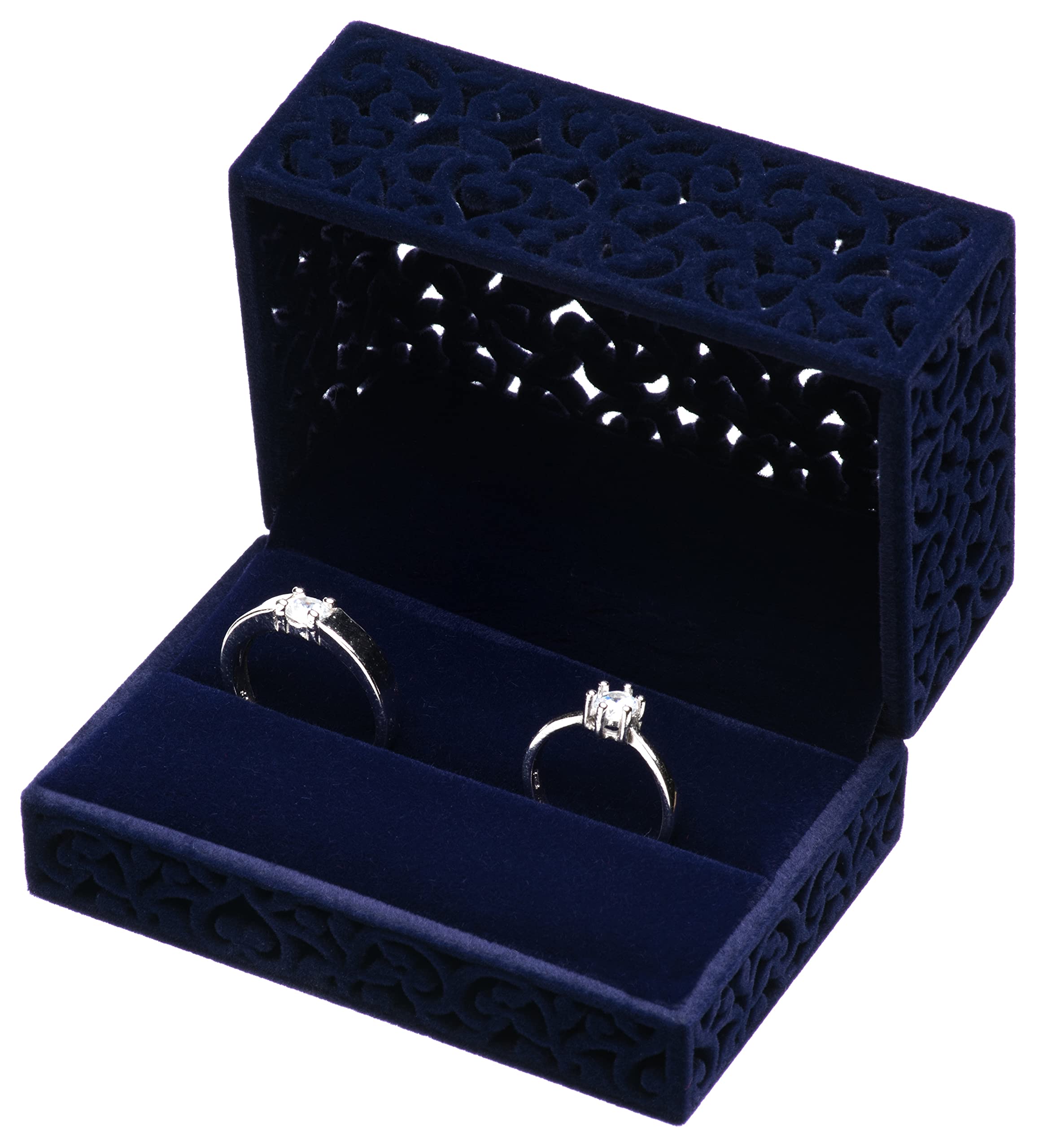 Luxury Hollow Velvet Ring Box - Double Ring Bearer Jewelry Case for Engagement, Wedding & Proposal - Premium Velvet Jewelry Gift Box (Dark Blue) | Perfect for Wedding Proposals, Anniversary Gifts & Ring Storage