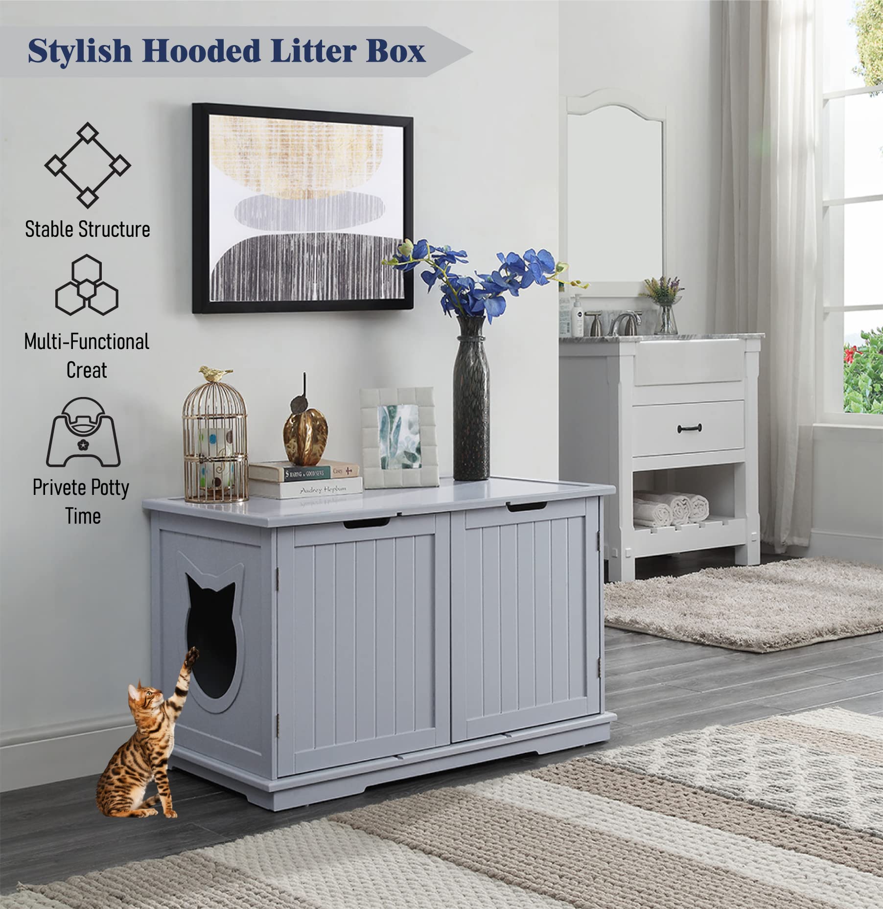Extra Large Designer Cat Washroom Storage Bench - White Cat Litter Box Enclosure Furniture with Table Top | Perfect for Small Spaces, Living Rooms & Pet-Friendly Homes