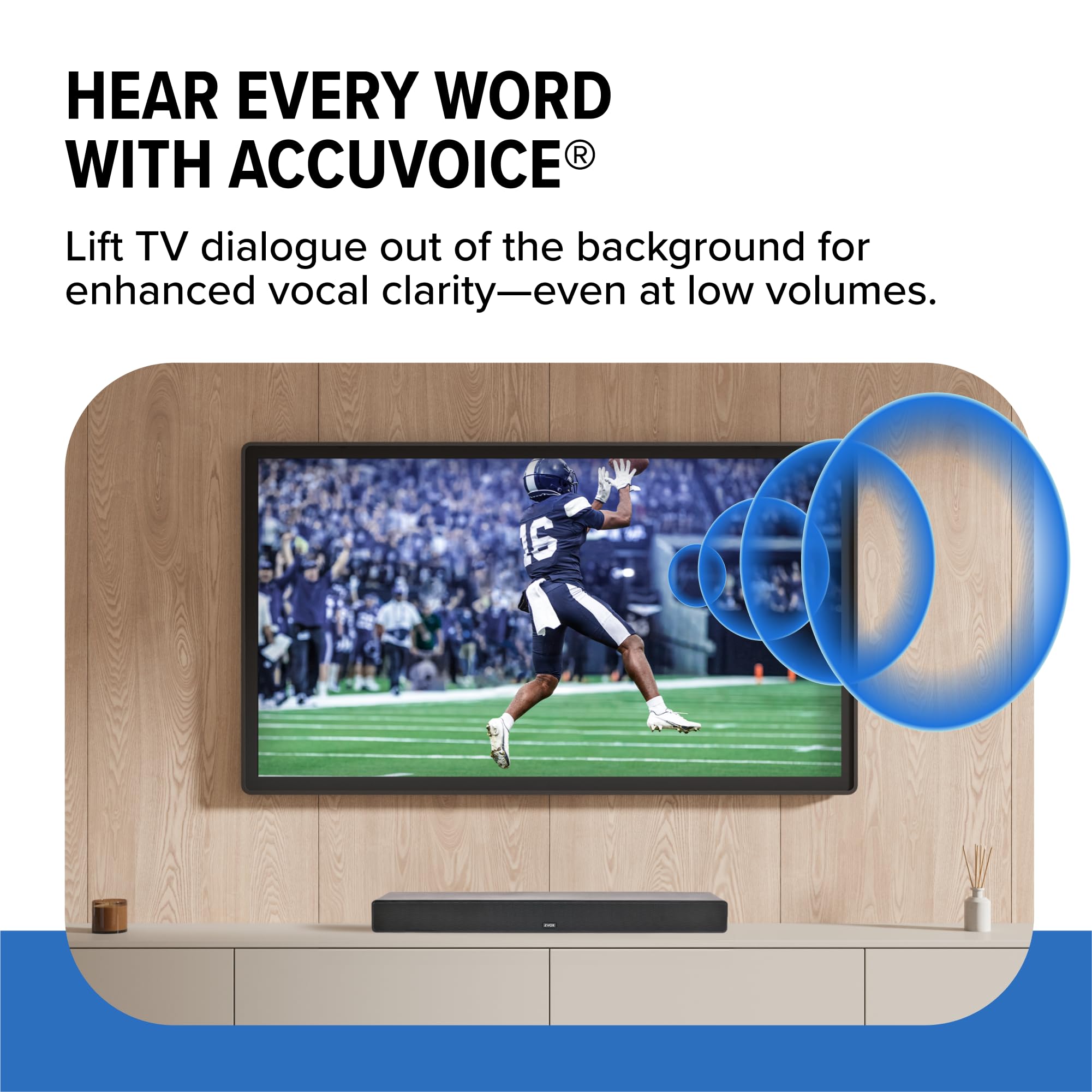 ZVOX Dialogue Clarifying Sound Bar with Patented Hearing Technology - 12 Levels of Voice Boost, AccuVoice, Ultra Low-Profile Design for Home Theater & Smart TV - AV355 Black - Ideal for Living Room, Bedroom, and Office