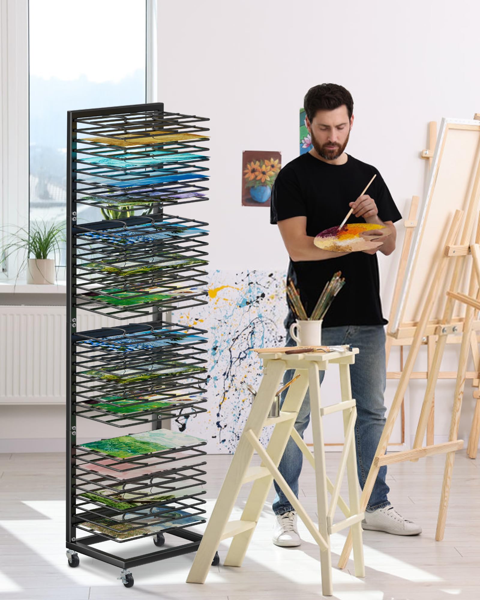 36-Shelf Metal Art Drying Rack with Lockable Wheels | Heavy-Duty Paint Storage Organizer for Art Studios, Classrooms & Schools | Perfect for Drying Paintings, Ceramics & Student Art Projects