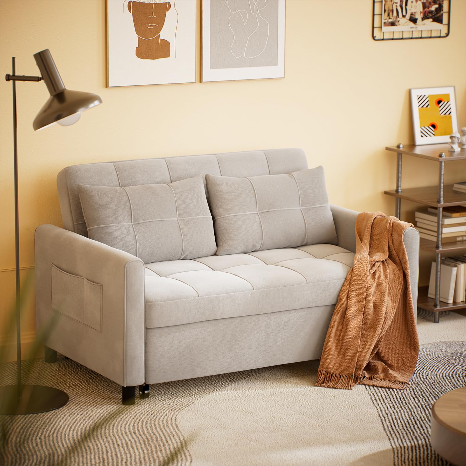 Gizoon 3-in-1 Convertible Sofa Bed - Full Size Pull Out Sleeper Sofa with Reclining Backrest & Side Pockets, Linen Fabric Futon Couch for Small Space Living Room, Apartment, Guest Room (Light Grey) | Modern Multi-Functional Furniture for Home & Office Use