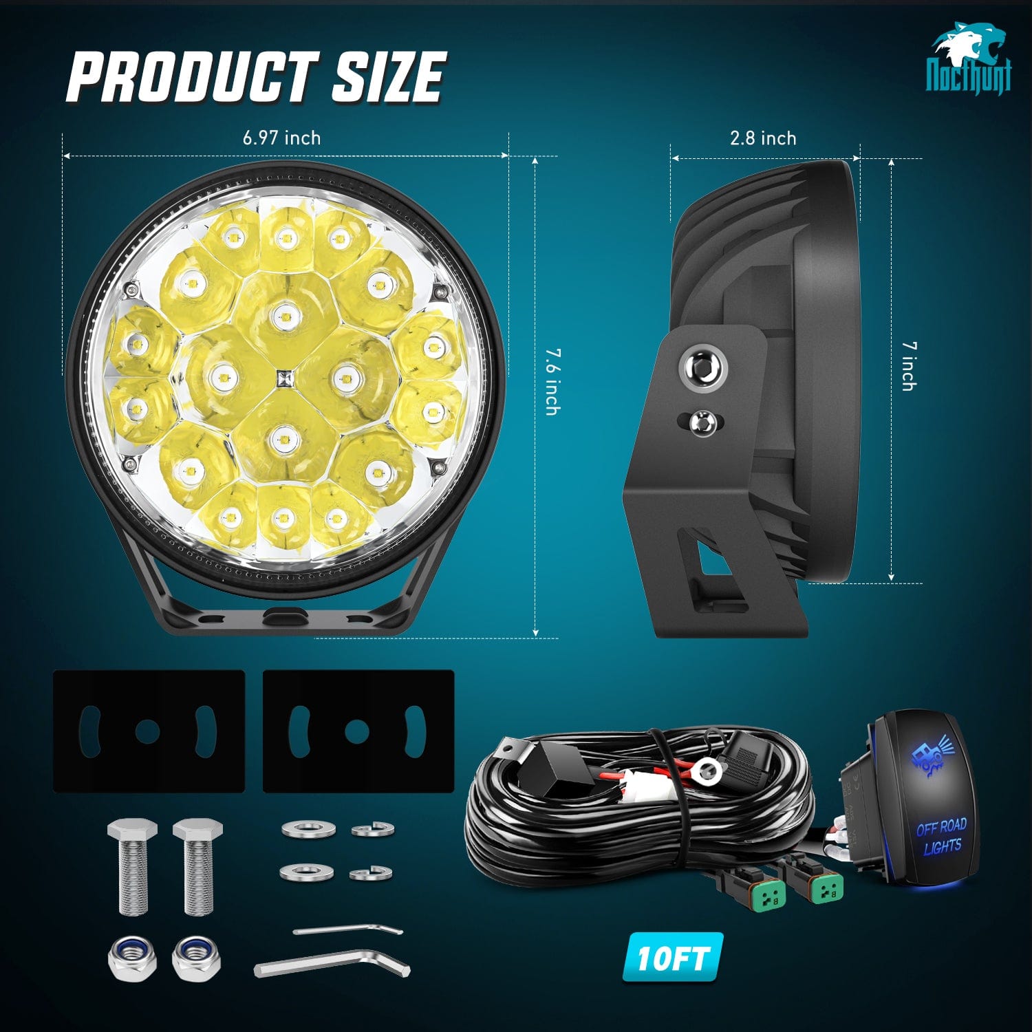 7Inch 90W Round Offroad LED Light Bar with Yellow/Black Covers - Hyper Spot Beam Work Light Pair for Trucks, ATVs, UTVs - Includes 14 AWG DT Connector Wiring Harness Kit - Perfect for Off-Roading, Night Driving & Worksite Lighting