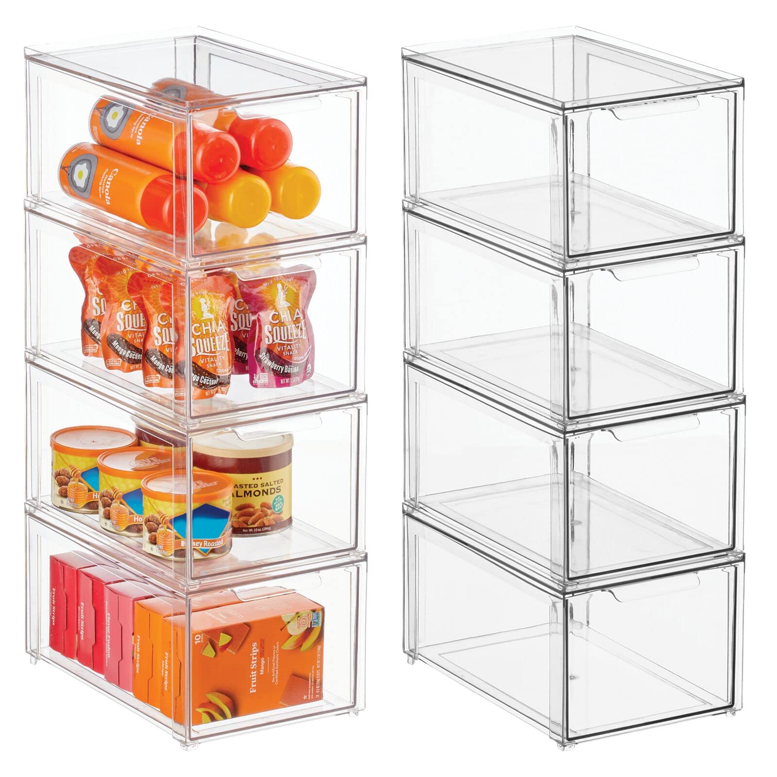 mDesign Plastic Pantry Organization Bins with Pull-Out Drawers - Stackable Kitchen Storage Containers for Cabinet, Fridge & Freezer - Lumiere Collection (8-Pack, Clear) - Perfect for Organizing Spices, Snacks & Frozen Foods