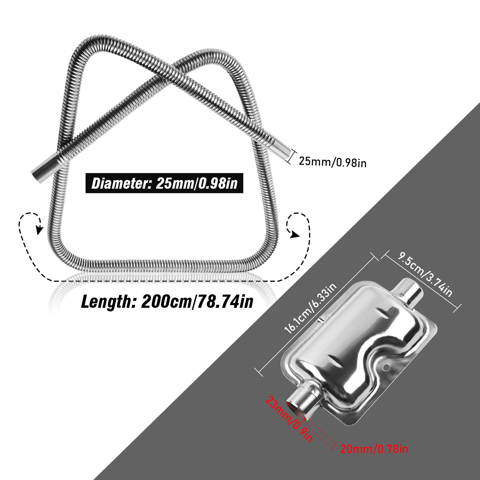 Diesel Heater Exhaust Pipe Kit - 200cm Stainless Steel with Muffler & Clamps, 1