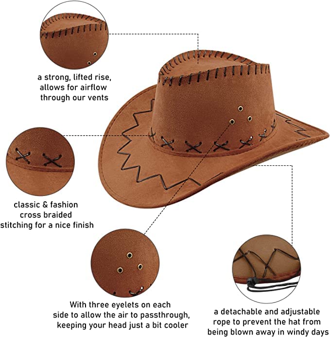 Authentic Suede Cowboy Hat for Men & Women - Western Style Gunslinger Hat with Adjustable String - Perfect for Halloween Costume, Rodeo, Country Music Festival & Western Themed Parties
