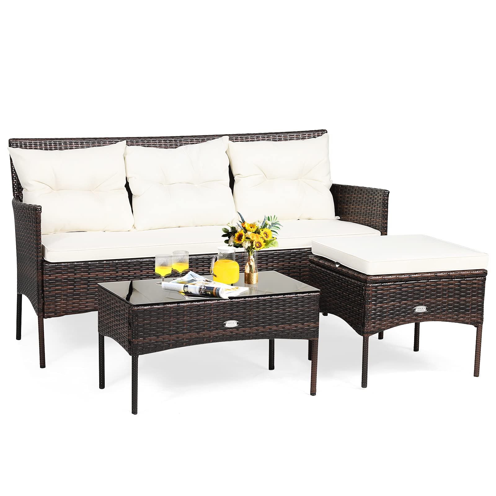 HappyGrill 3-Piece Outdoor Rattan Patio Furniture Set with Tempered Glass Coffee Table & 5 Elastic Cushions - Waterproof Sectional Sofa for Poolside, Balcony, Backyard, Garden - Perfect for Relaxing, Entertaining & Outdoor Dining